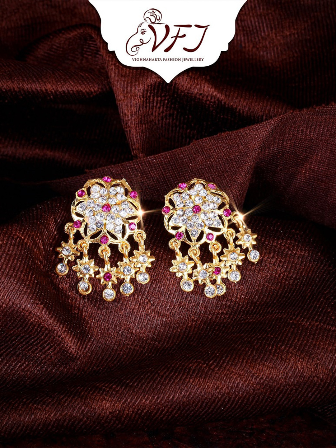 

Vighnaharta Gold-Plated Cubic Zirconia Floral Drop Earrings
