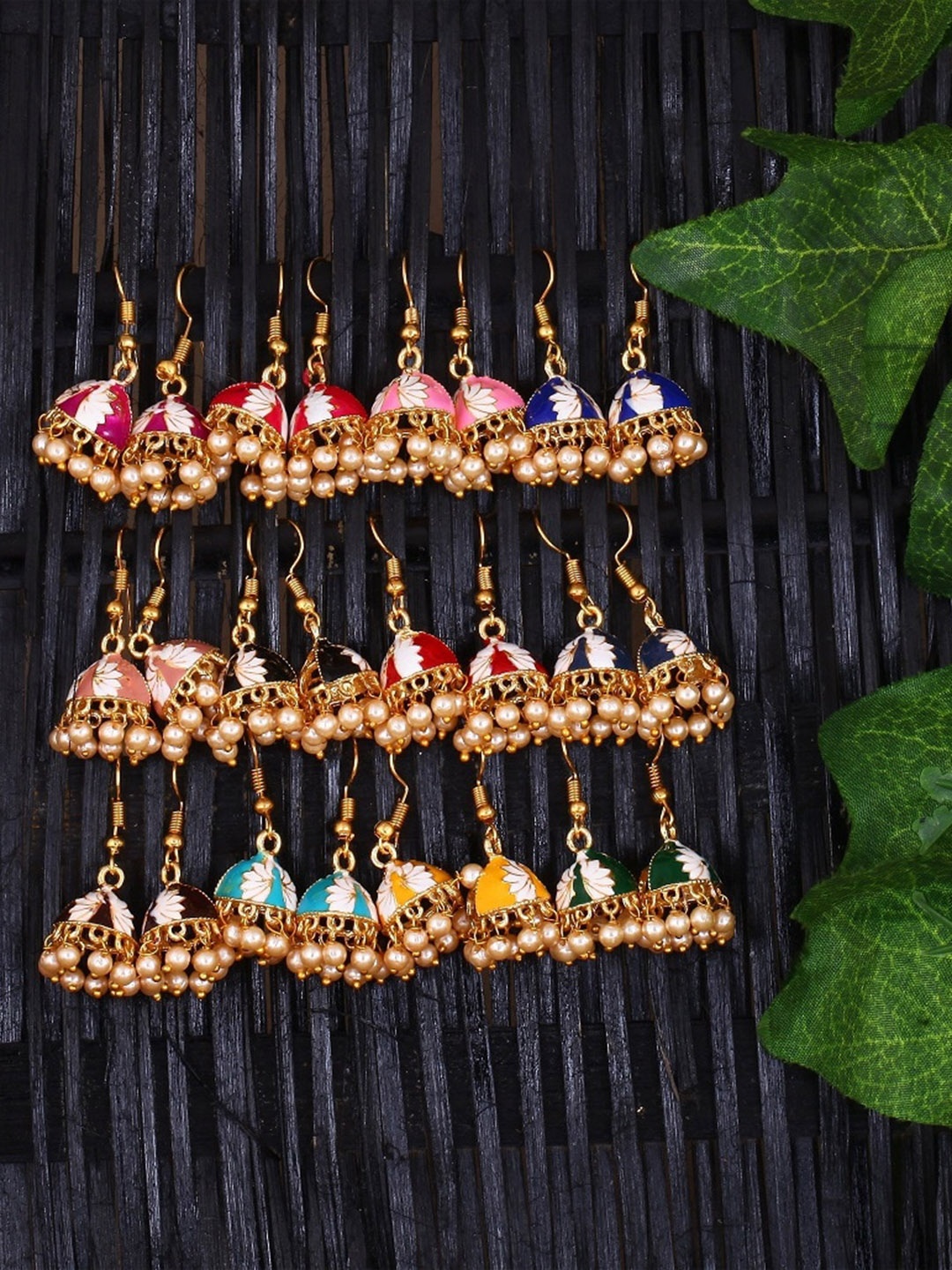 

Vighnaharta Set of 12 Gold-Plated Artificial Beads Studded Floral Drop Earrings