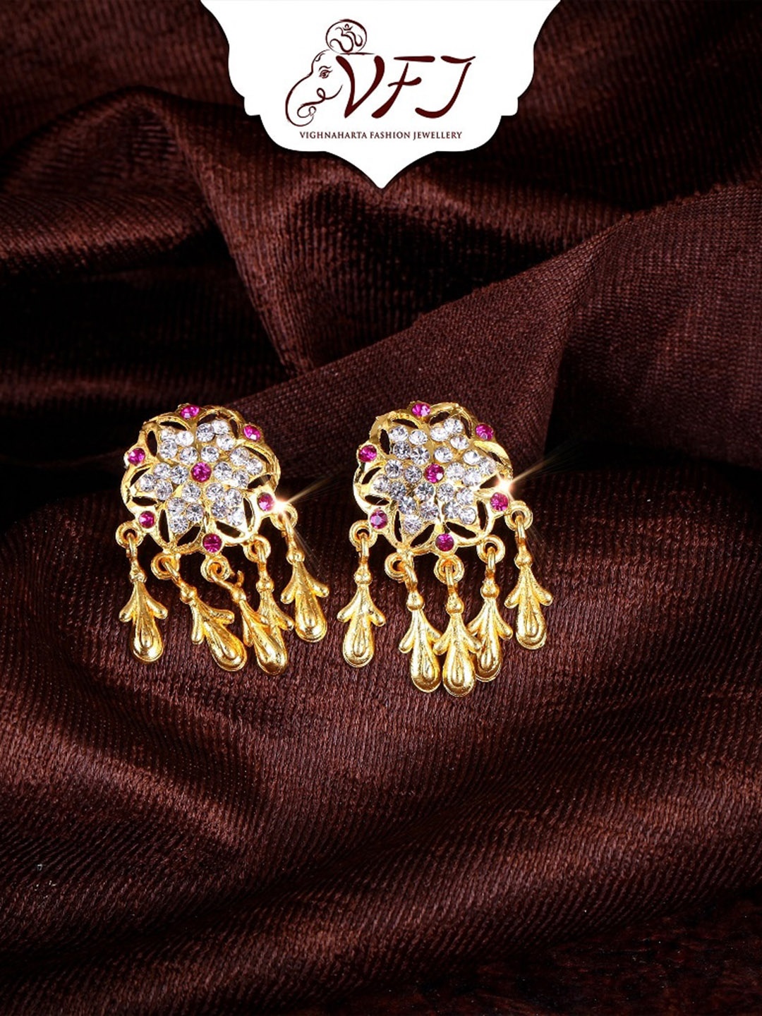 

Vighnaharta Gold-Plated Cubic Zirconia Floral Drop Earrings