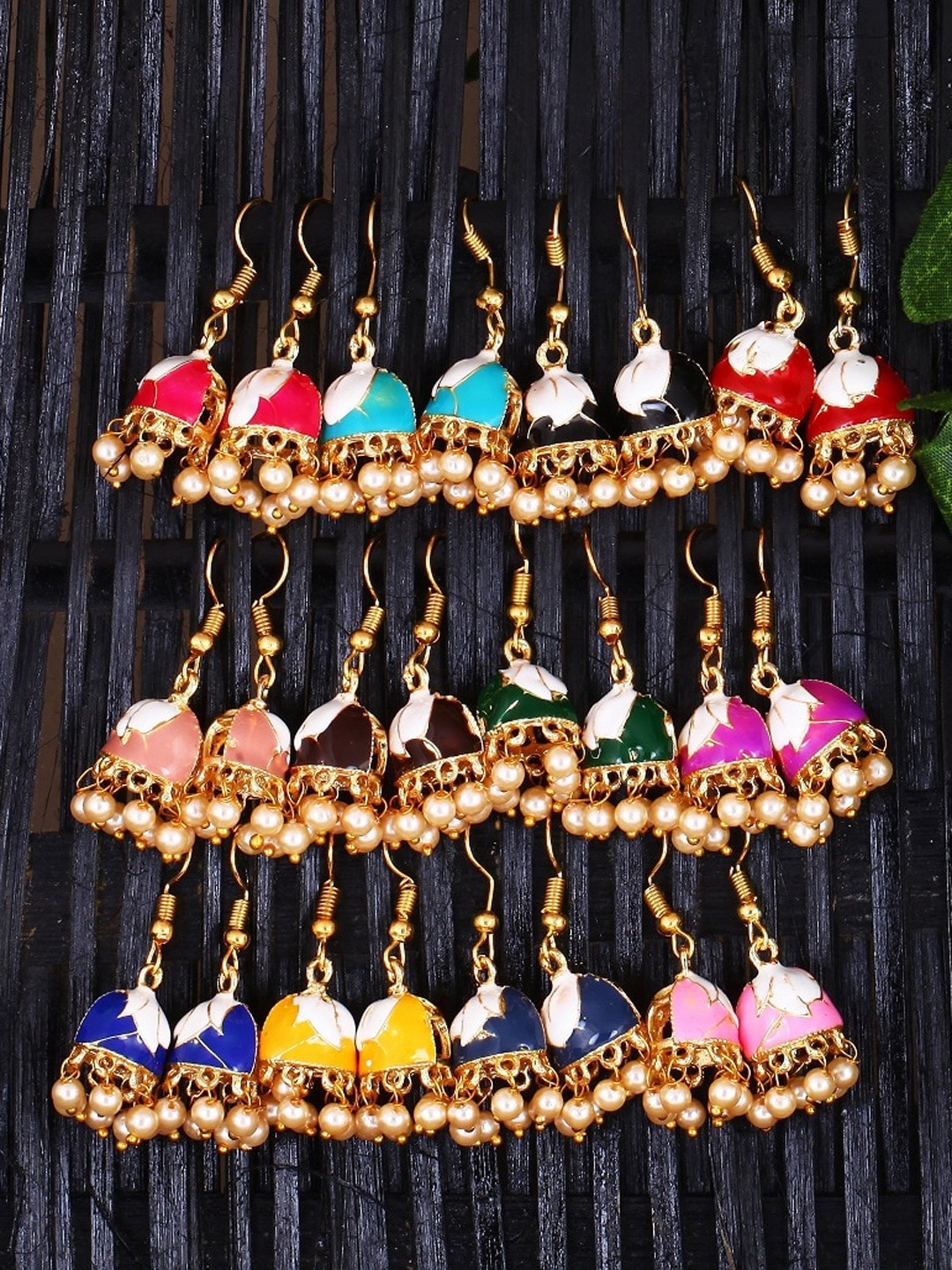 

Vighnaharta Set Of 12 Gold-Plated Beaded Meenakari Jhumkas
