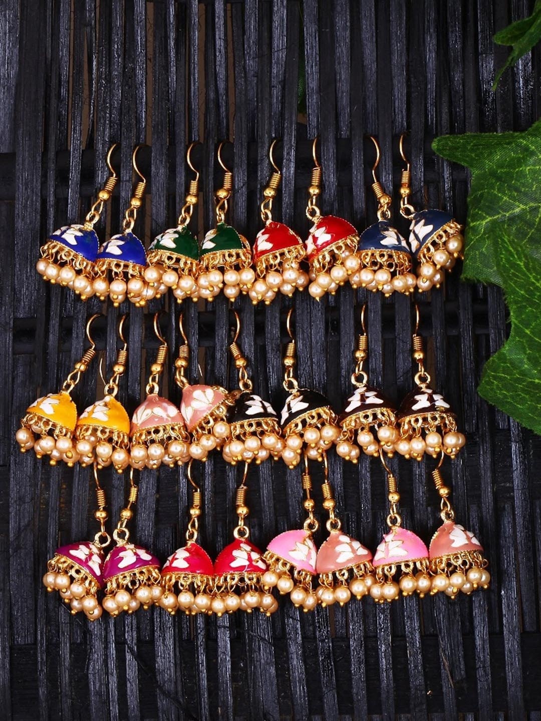 

Vighnaharta Set of 12 Gold-Plated Artificial Beads Studded Floral Drop Earrings