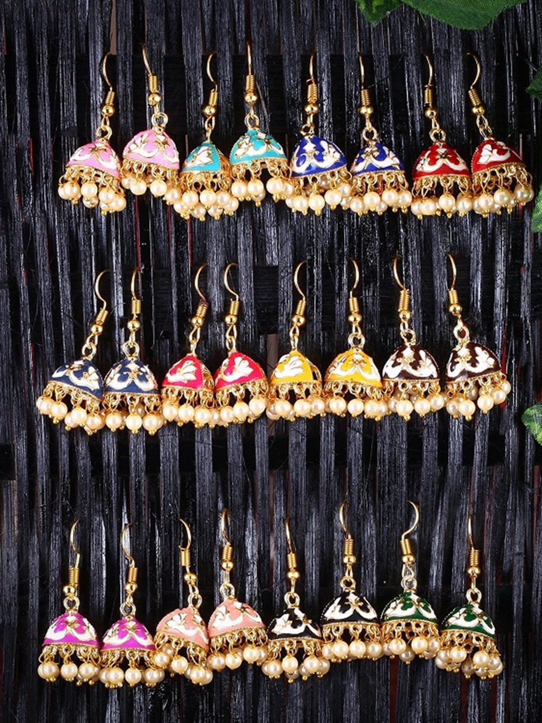 

Vighnaharta Set Of 12 Gold-Plated Artificial Beads Studded Floral Jhumkas