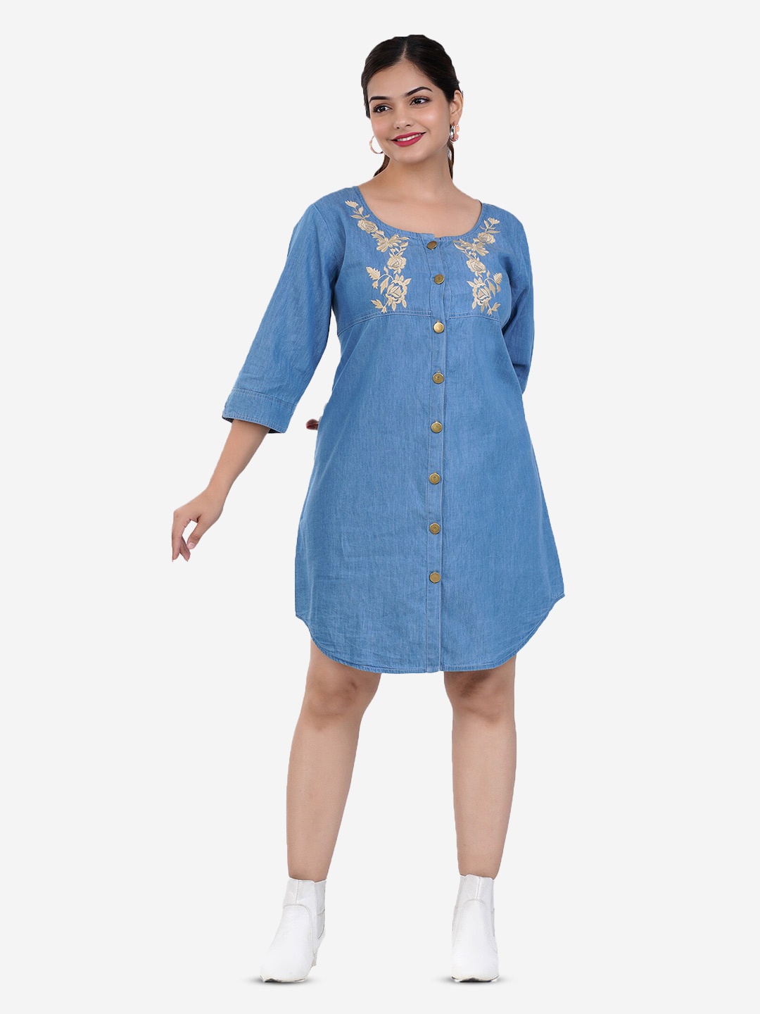 

SUMAVI-FASHION Floral Embroidered Denim Cotton Shirt Dress, Blue