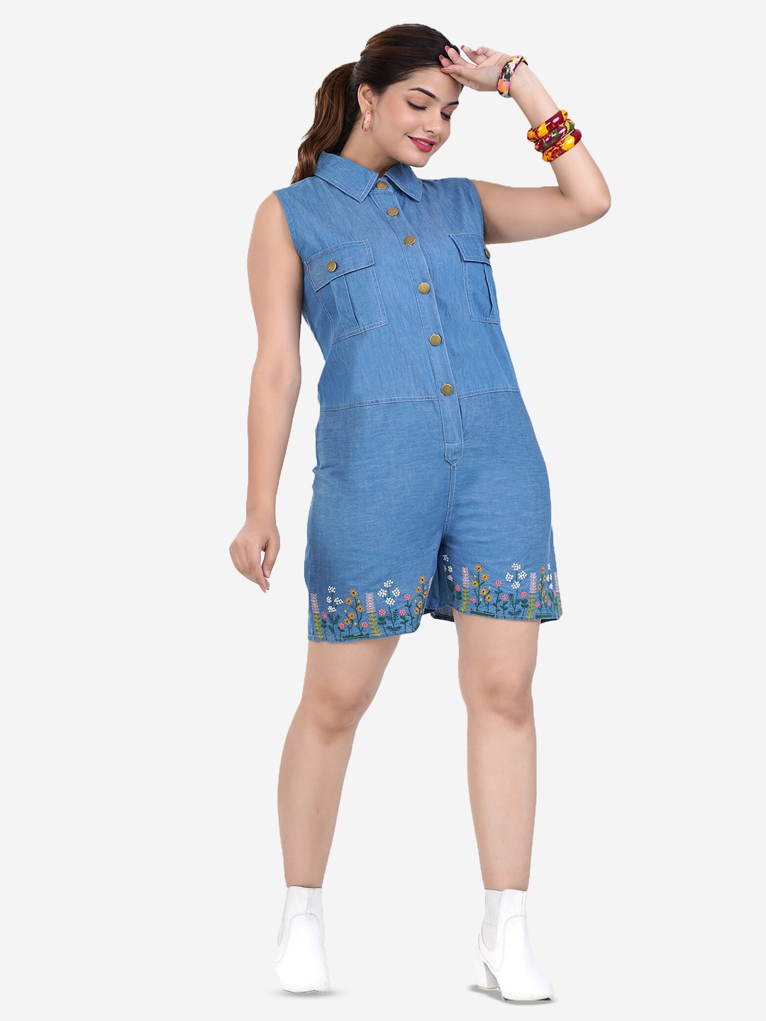 

SUMAVI-FASHION Shirt Collar Denim Cotton Shirt Dress, Blue