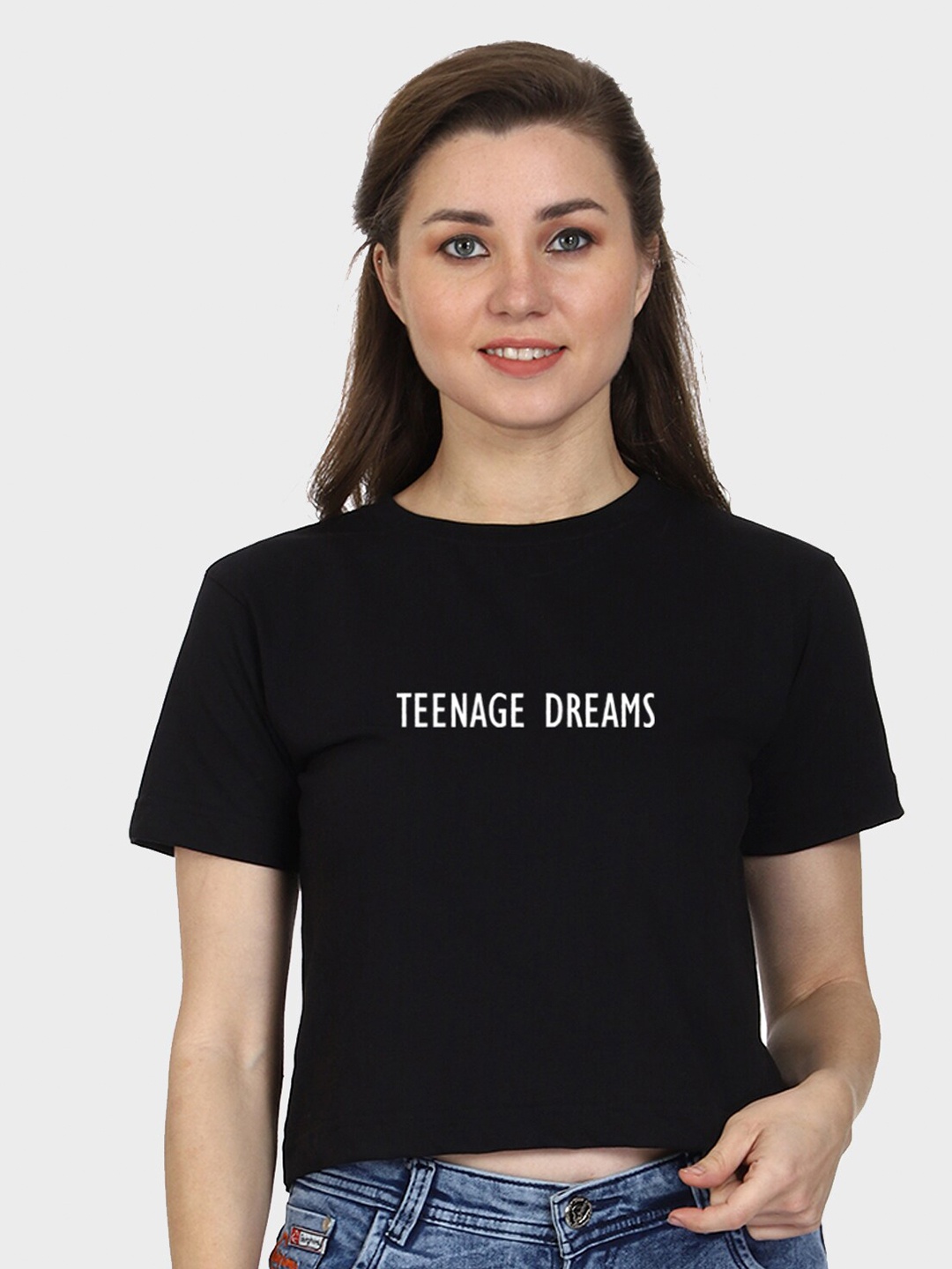 

T-SHIRT TRUCK Typography Printed Cotton Crop T-shirt, Black