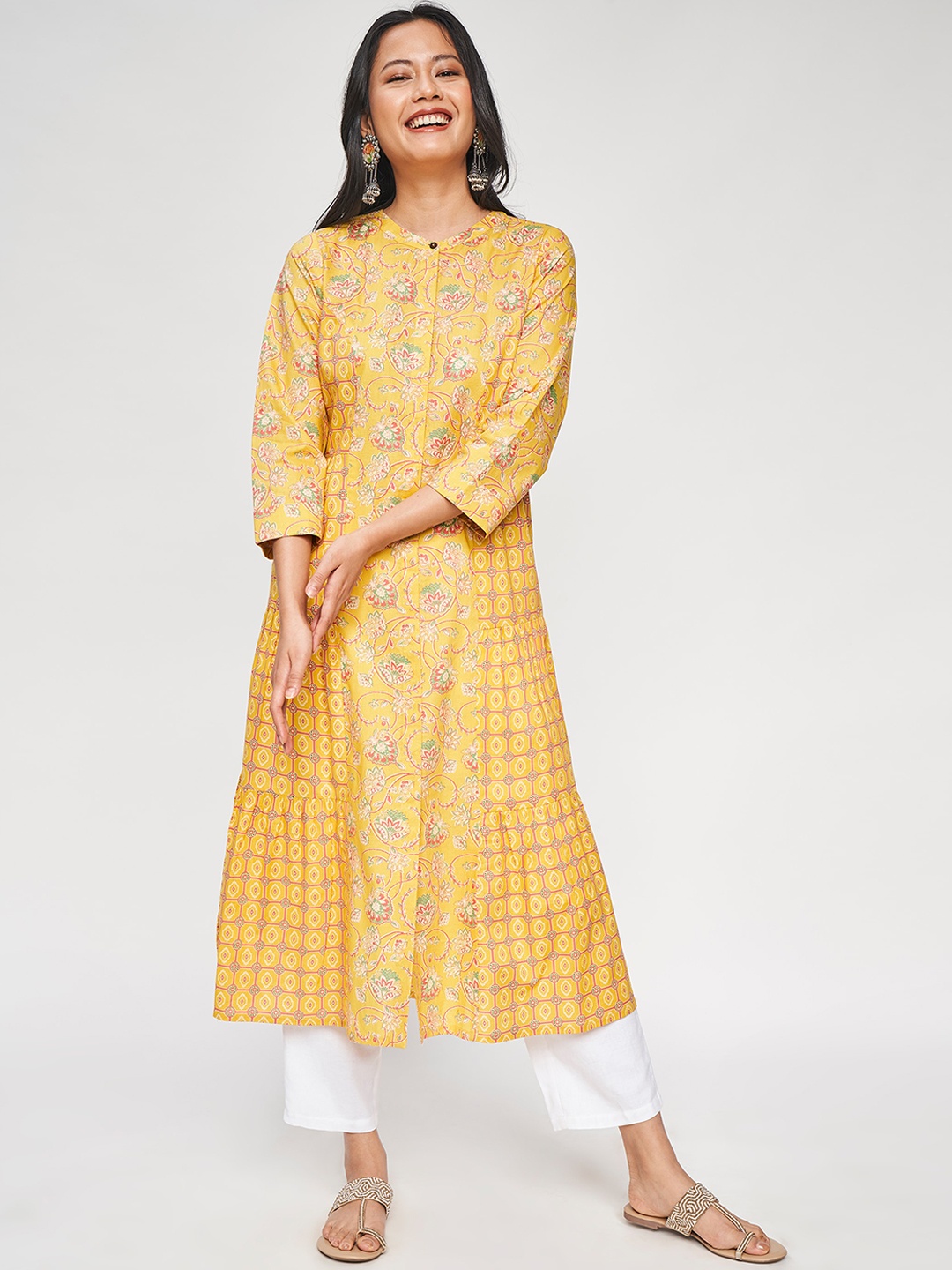 

Global Desi Band Collar Floral Printed A-Line Kurta, Yellow