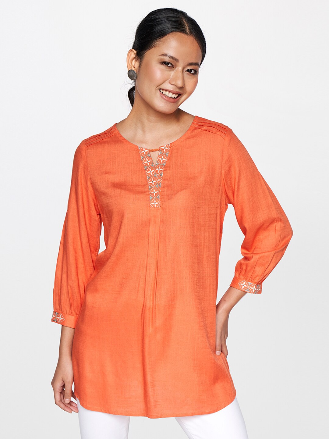 

Global Desi Round Neck Cuffed Sleeves Longline Top, Orange