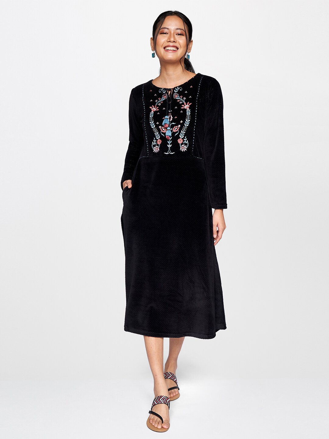 

Global Desi Floral Embroidered A-Line Midi Dress, Black
