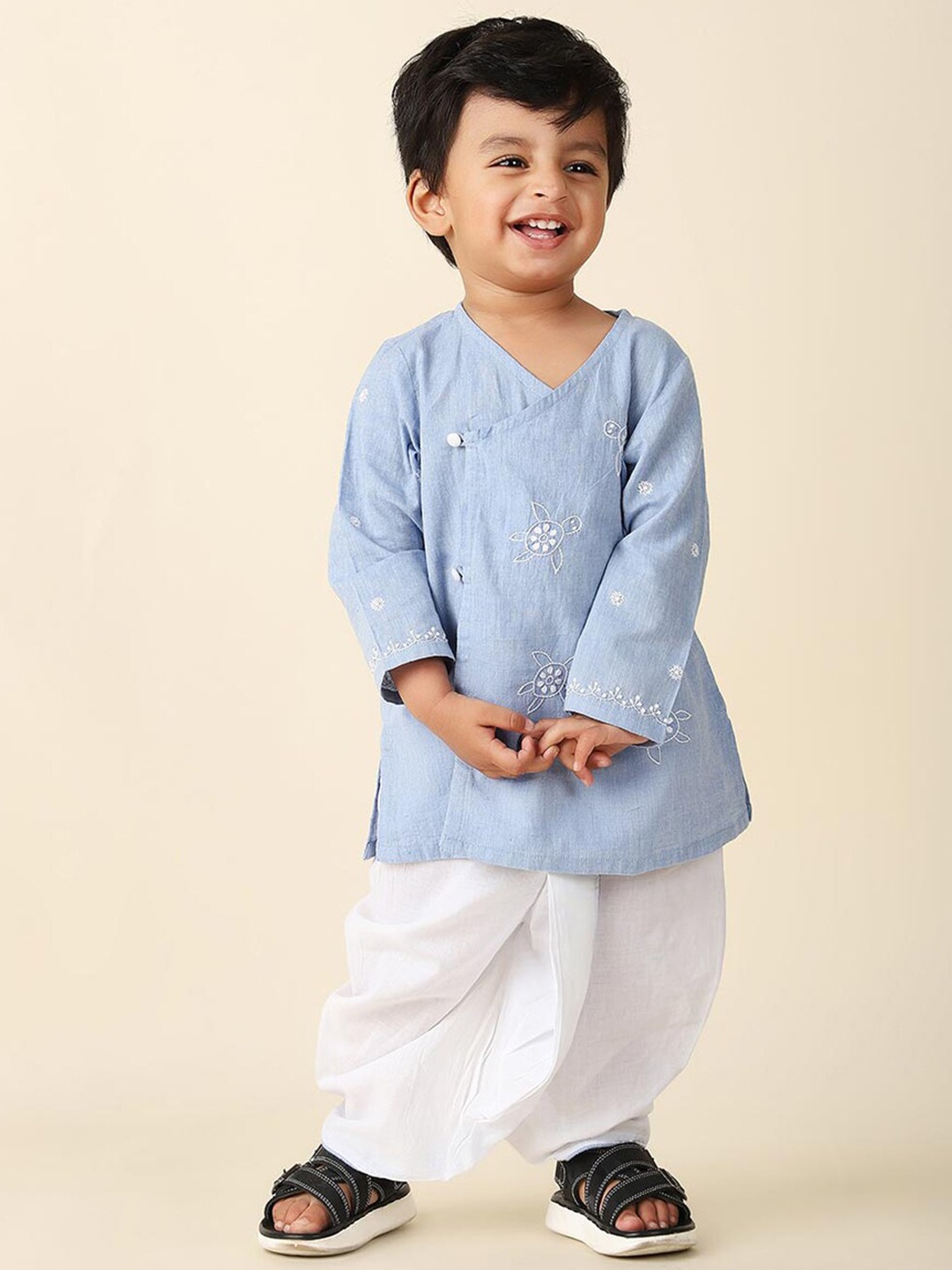 

Fabindia Boys Embroidered Angrakha Pure Cotton Kurta with Dhoti Pants, Blue