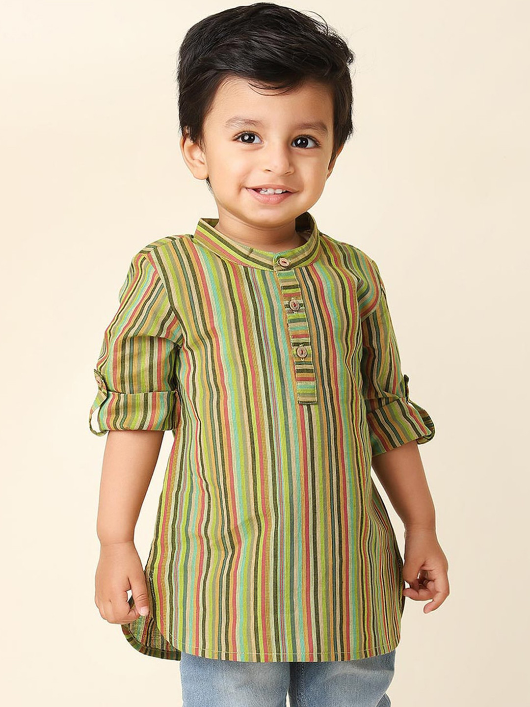 

Fabindia Boys Striped Band Collar Pathani Kurta, Olive