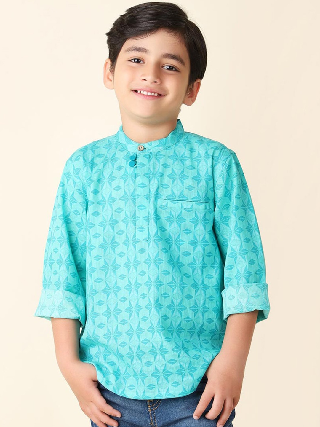 

Fabindia Boys Geometric Printed Cotton Kurta, Blue