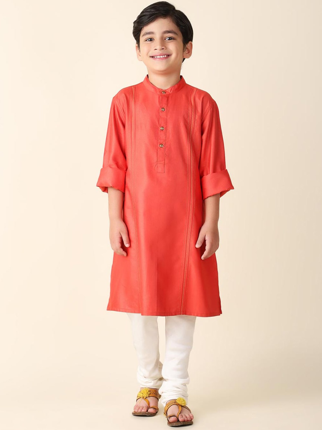 

Fabindia Boys Striped Embroidered Straight Kurta, Red