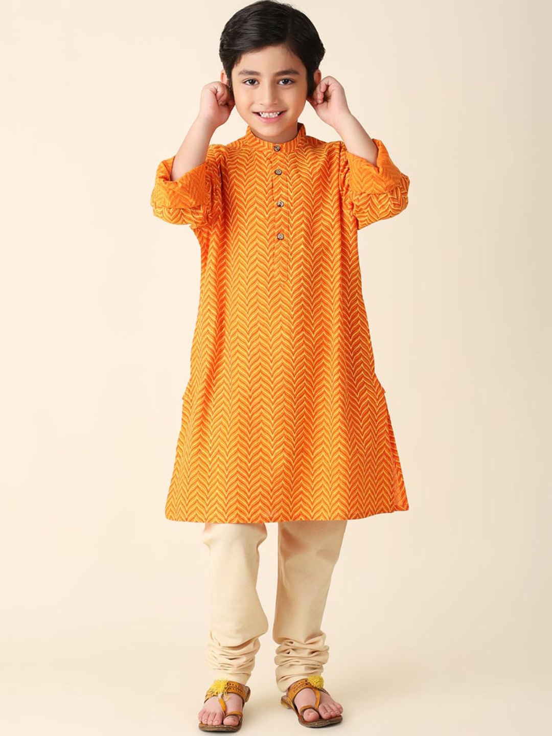 

Fabindia Boys Printed Mandarin Collar Cotton Kurta, Orange