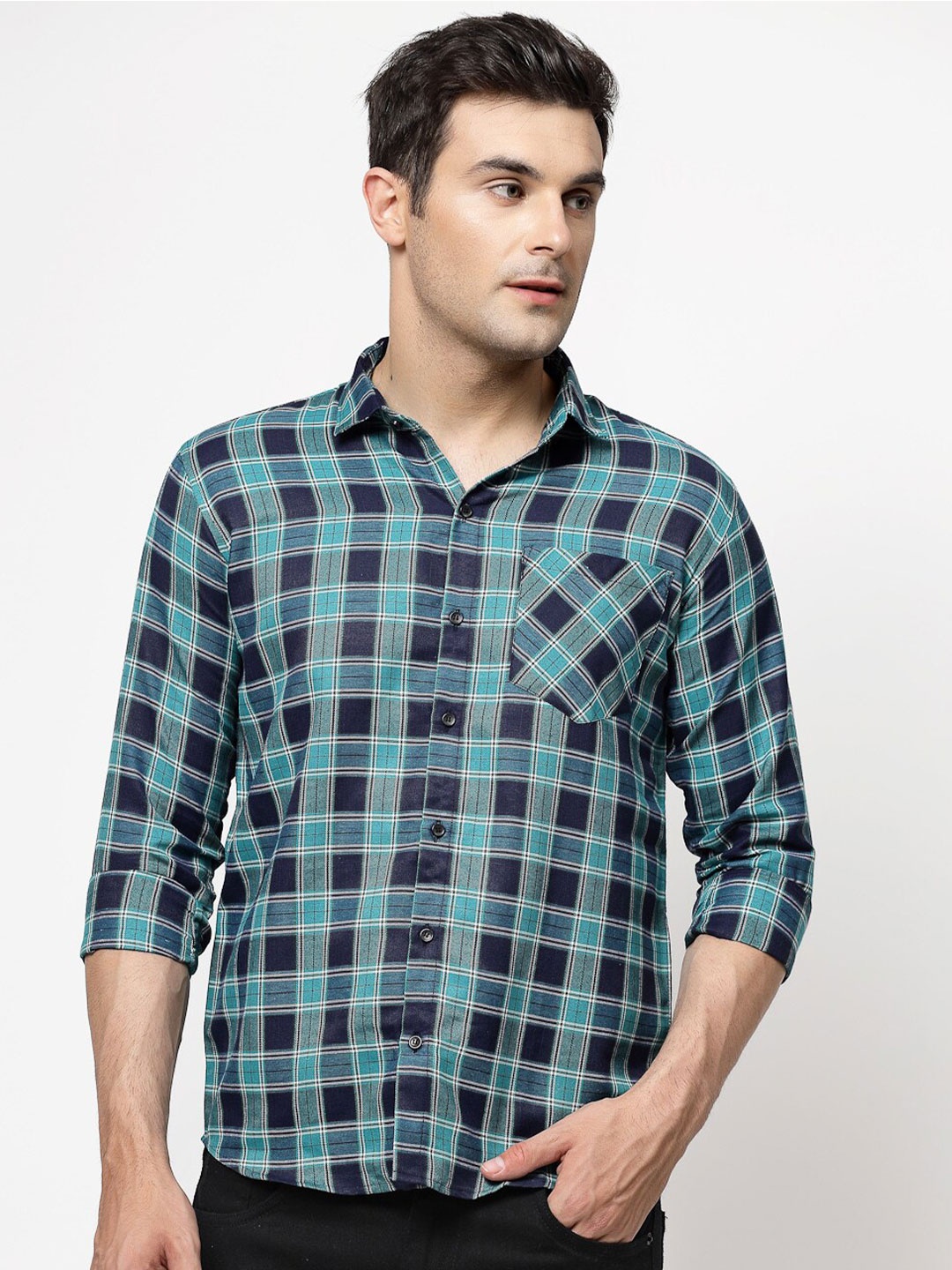 

ADWYN PETER Spread Collar Buffalo Checked Casual Shirt, Teal