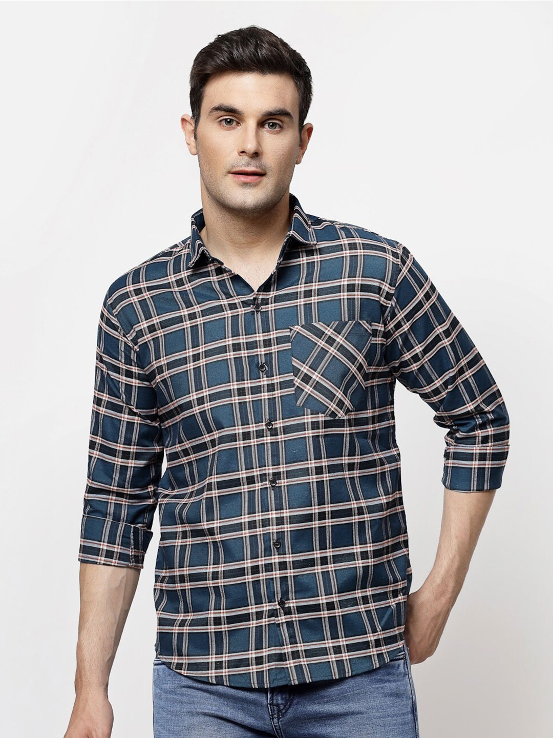 

ADWYN PETER Spread Collar Tartan Checked Casual Shirt, Blue