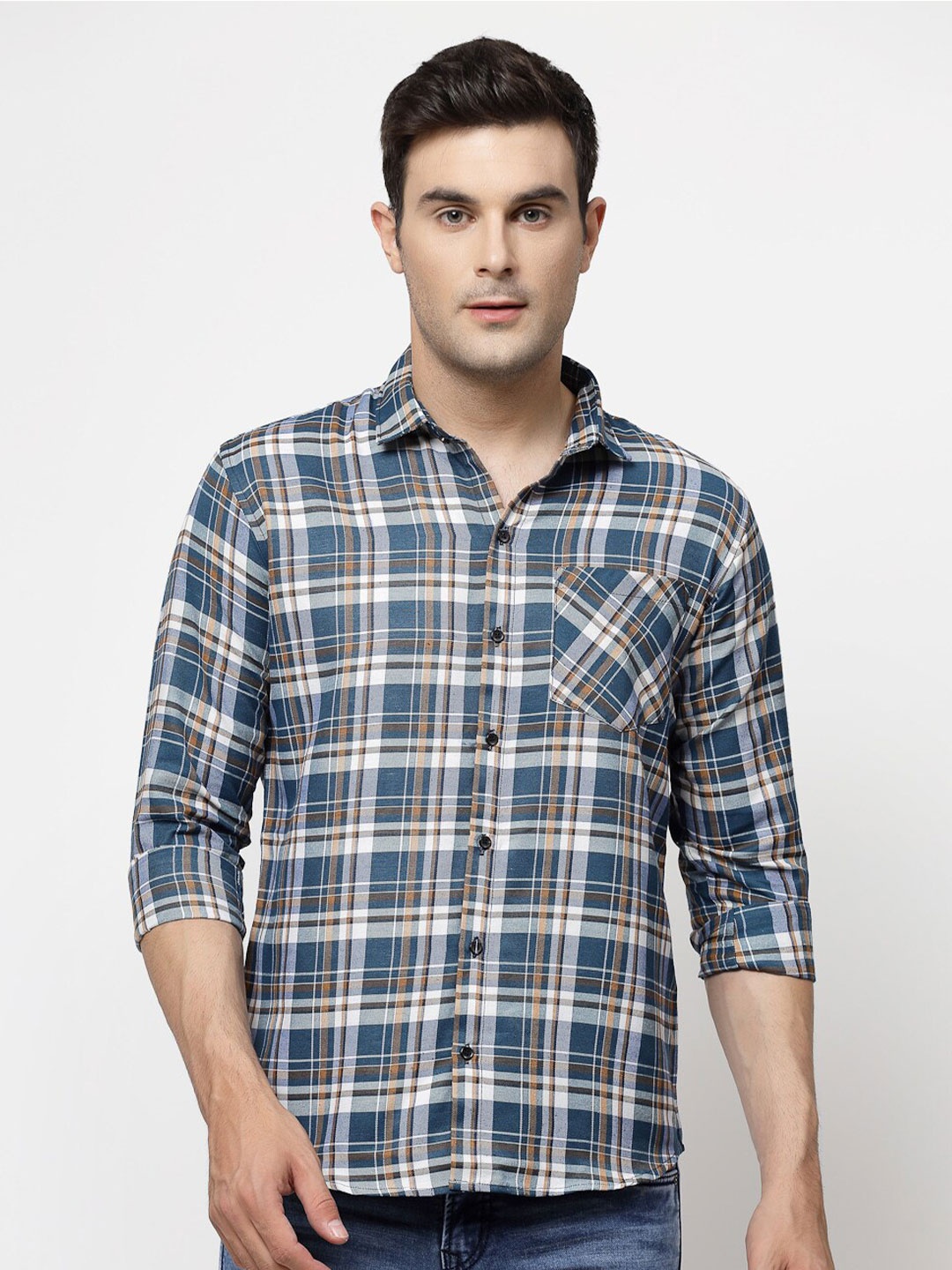 

ADWYN PETER Spread Collar Tartan Checked Casual Shirt, Blue