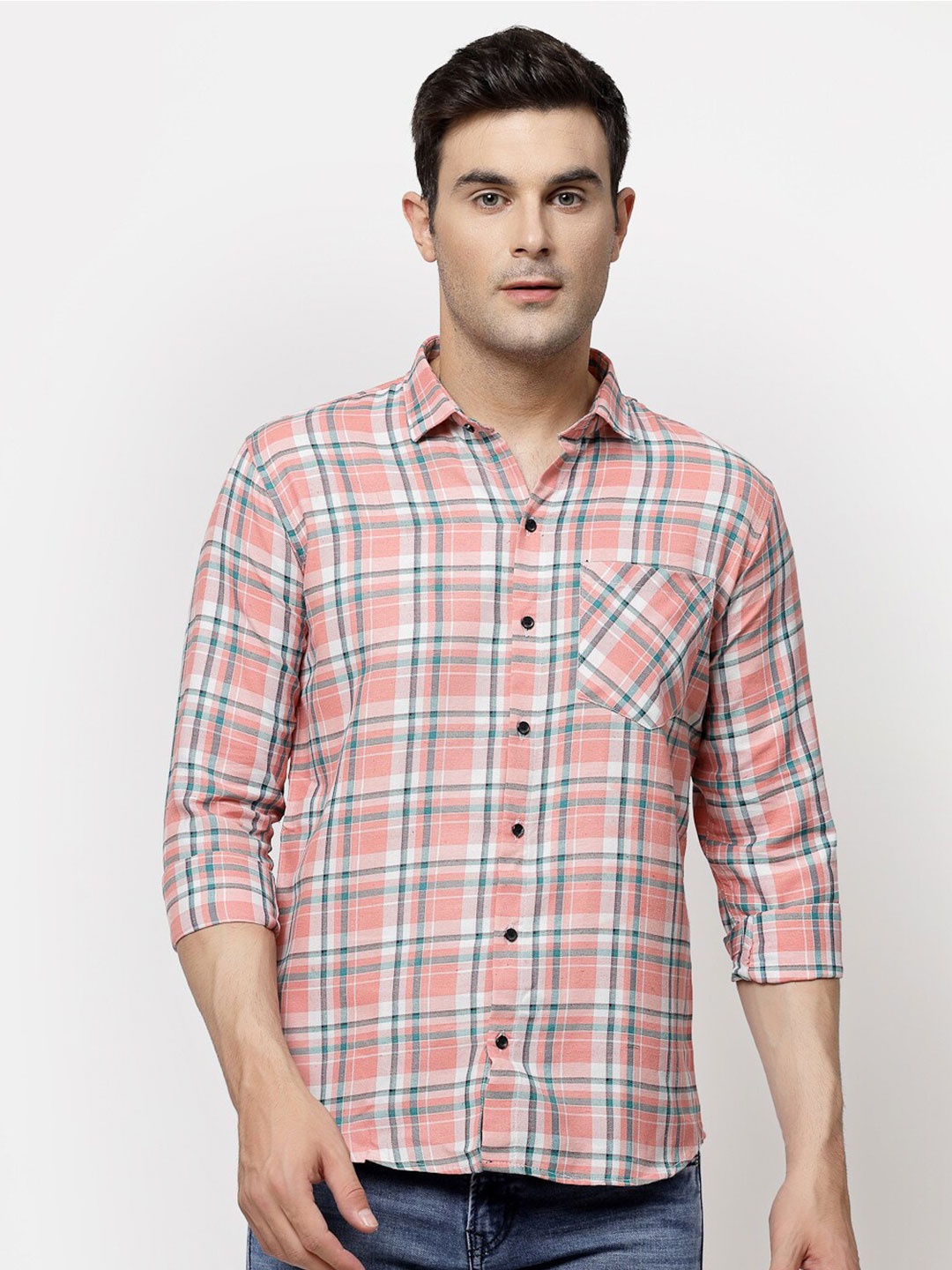 

ADWYN PETER Spread Collar Tartan Checked Casual Shirt, Peach