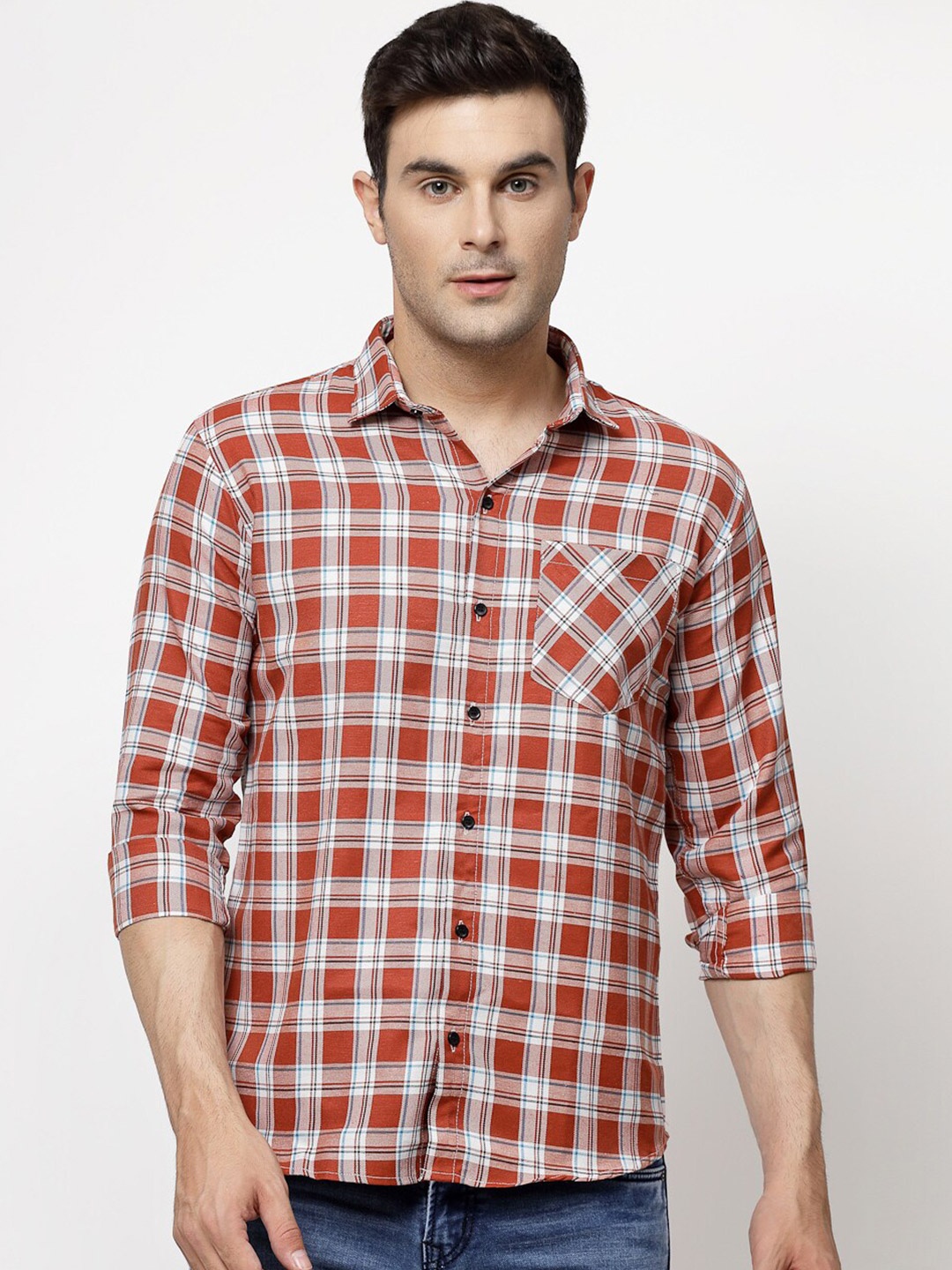 

ADWYN PETER Spread Collar Tartan Checked Casual Shirt, Orange