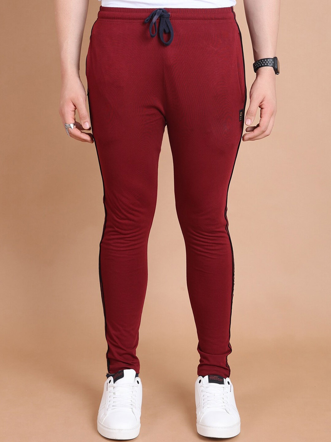 

berry blues Men Side Striped Details Combed Pure Cotton Track Pants, Maroon
