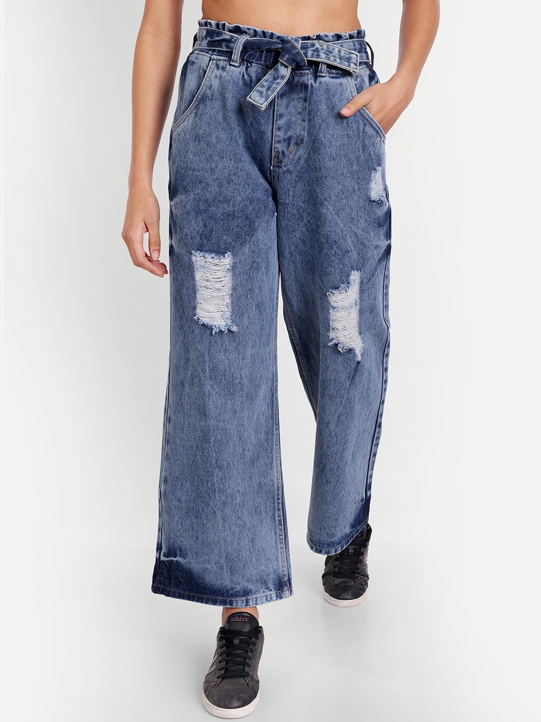 

BAESD Women Jean Wide Leg High-Rise Mildly Distressed Heavy Fade Cotton Jeans, Blue