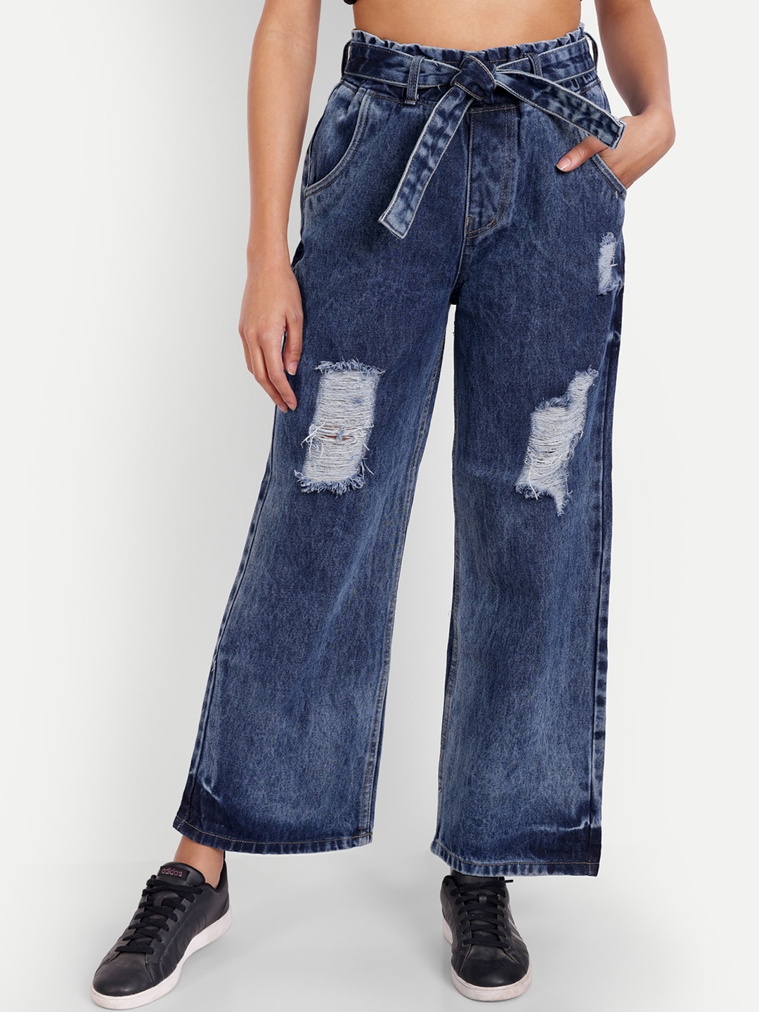

BAESD Women Jean Wide Leg Mildliy Distressed Heavy Fade Jeans, Blue