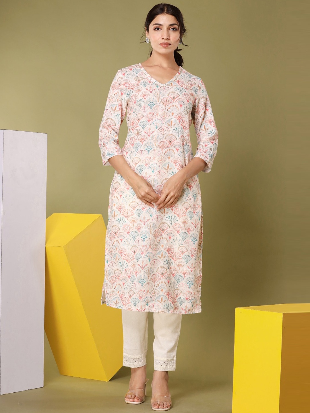 

Meena Bazaar Ethnic Motifs Printed Regular Kurta with Trousers, Cream