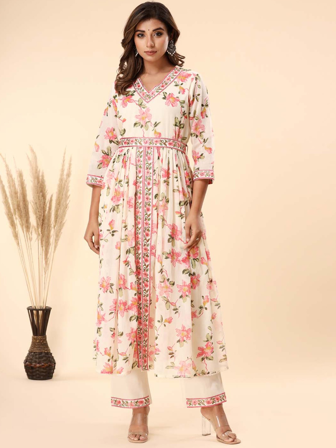 

Meena Bazaar Floral Printed Regular Thread Work A-Line Kurta With Trousers, Cream