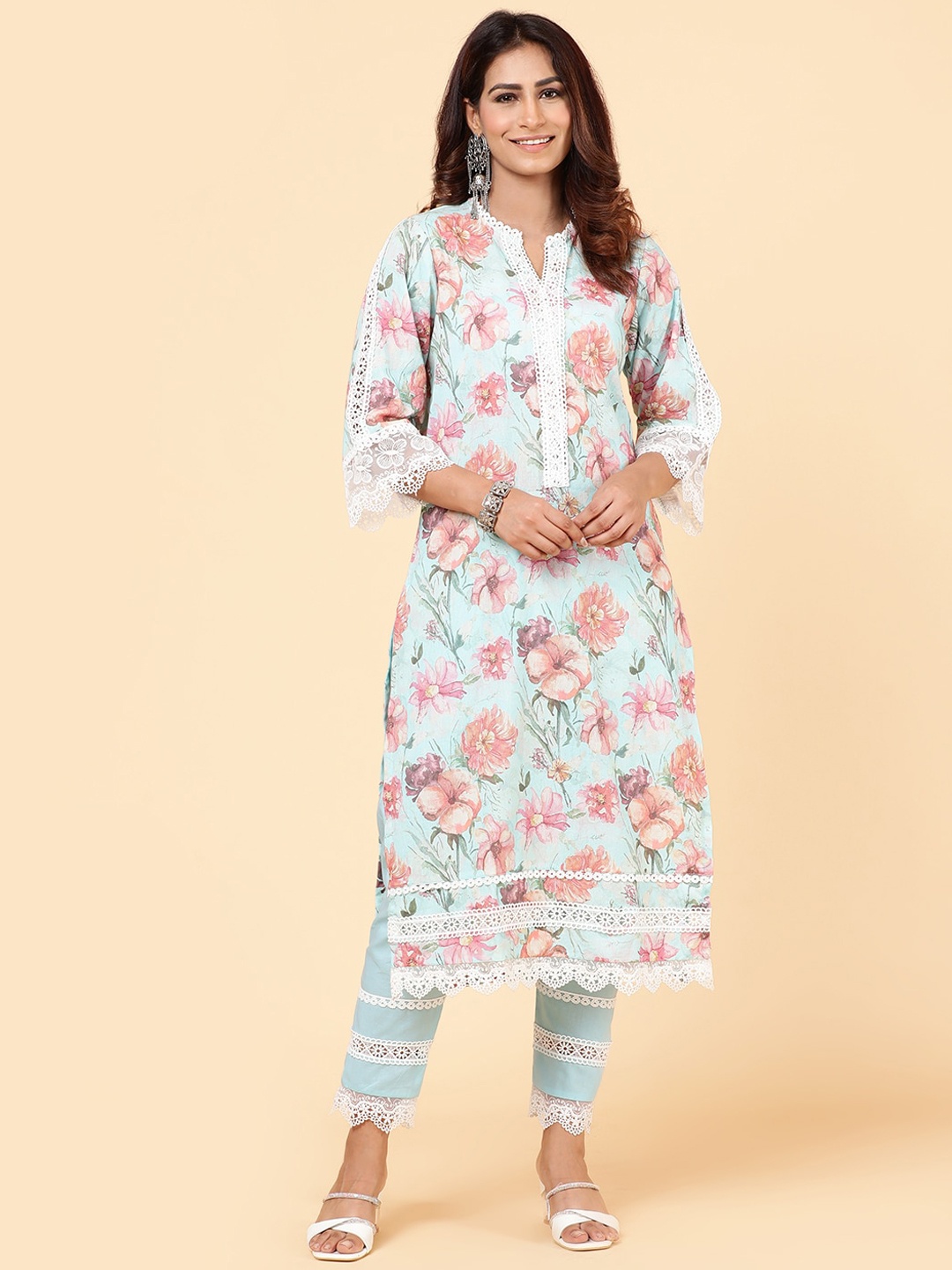 

Meena Bazaar Floral Printed Regular Lace Work Kurta With Trousers, Sea green