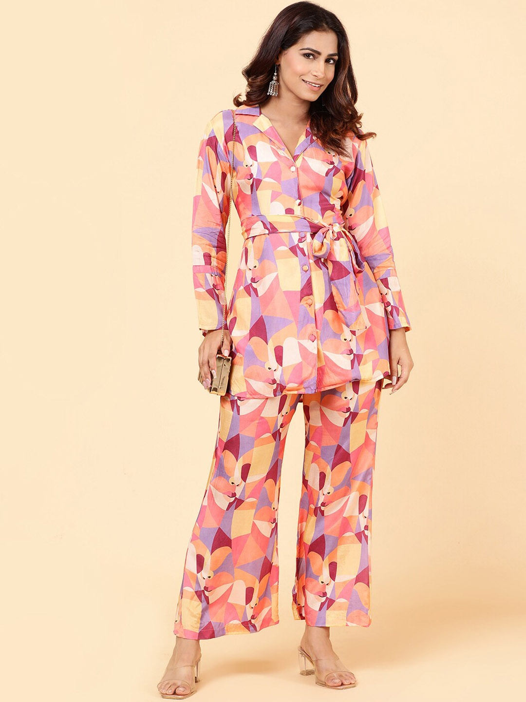 

Meena Bazaar Women Geometric Print Longline Shirt & Palazzos, Peach