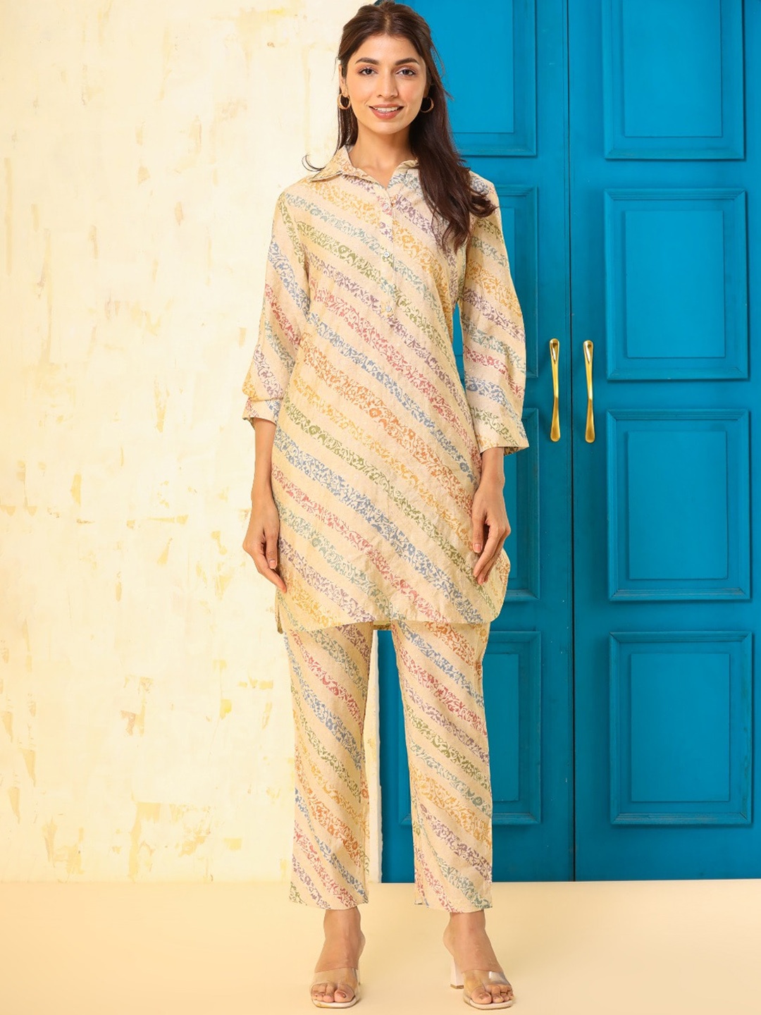 

Meena Bazaar Striped Shirt Collar Kurti with Trousers, Beige