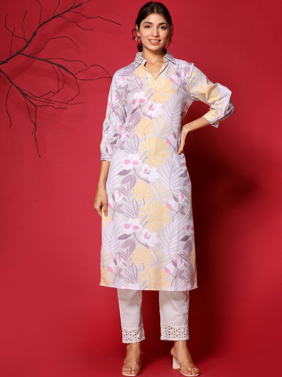

Meena Bazaar Floral Printed Shirt Collar Kurta with Trousers, Lavender