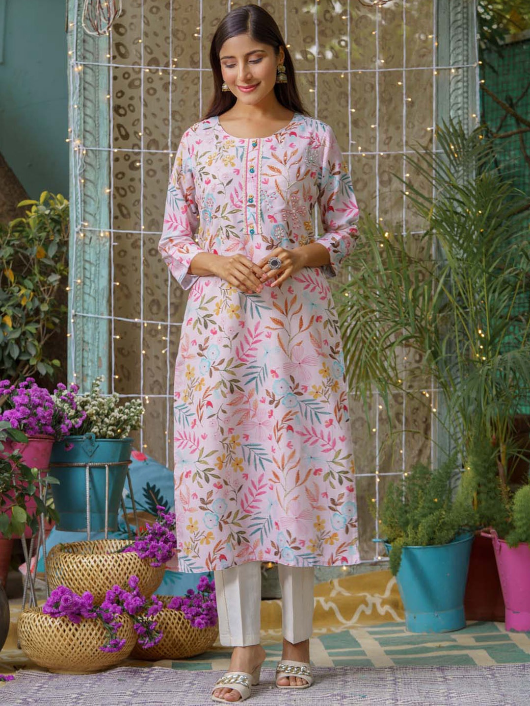 

Meena Bazaar Floral Printed Pure Cotton Kurta with Trousers, Cream