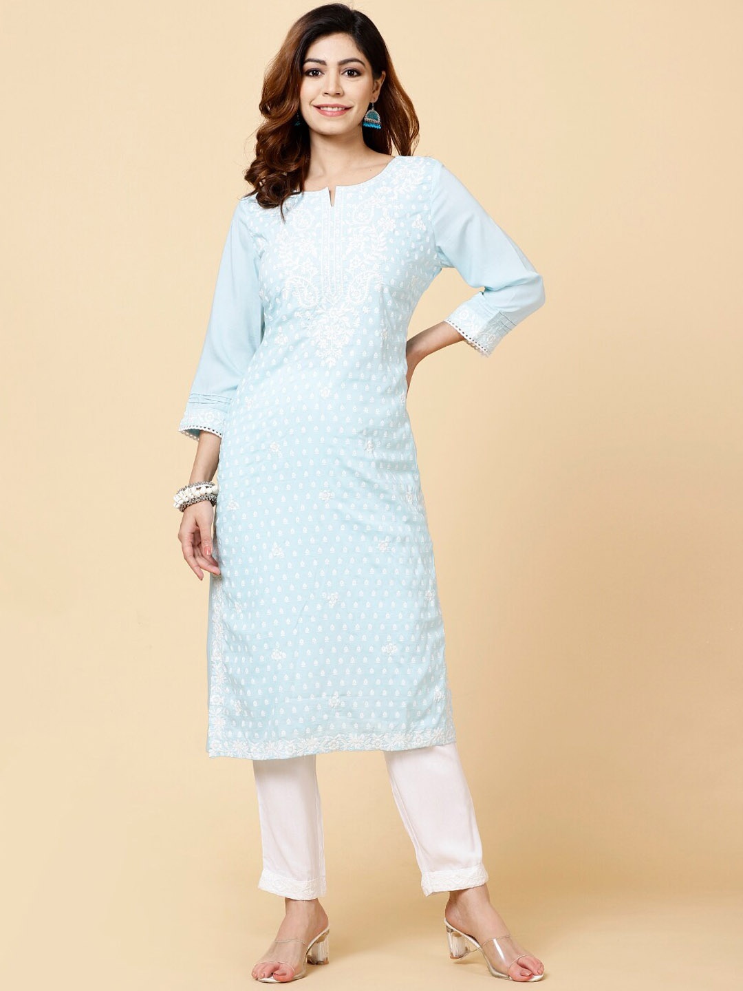 

Meena Bazaar Ethnic Motifs Embroidered Regular Kurta with Trousers, Blue