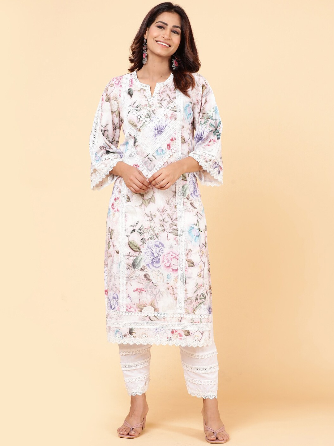 

Meena Bazaar Floral Printed Lace Detail Kurta with Trousers, White