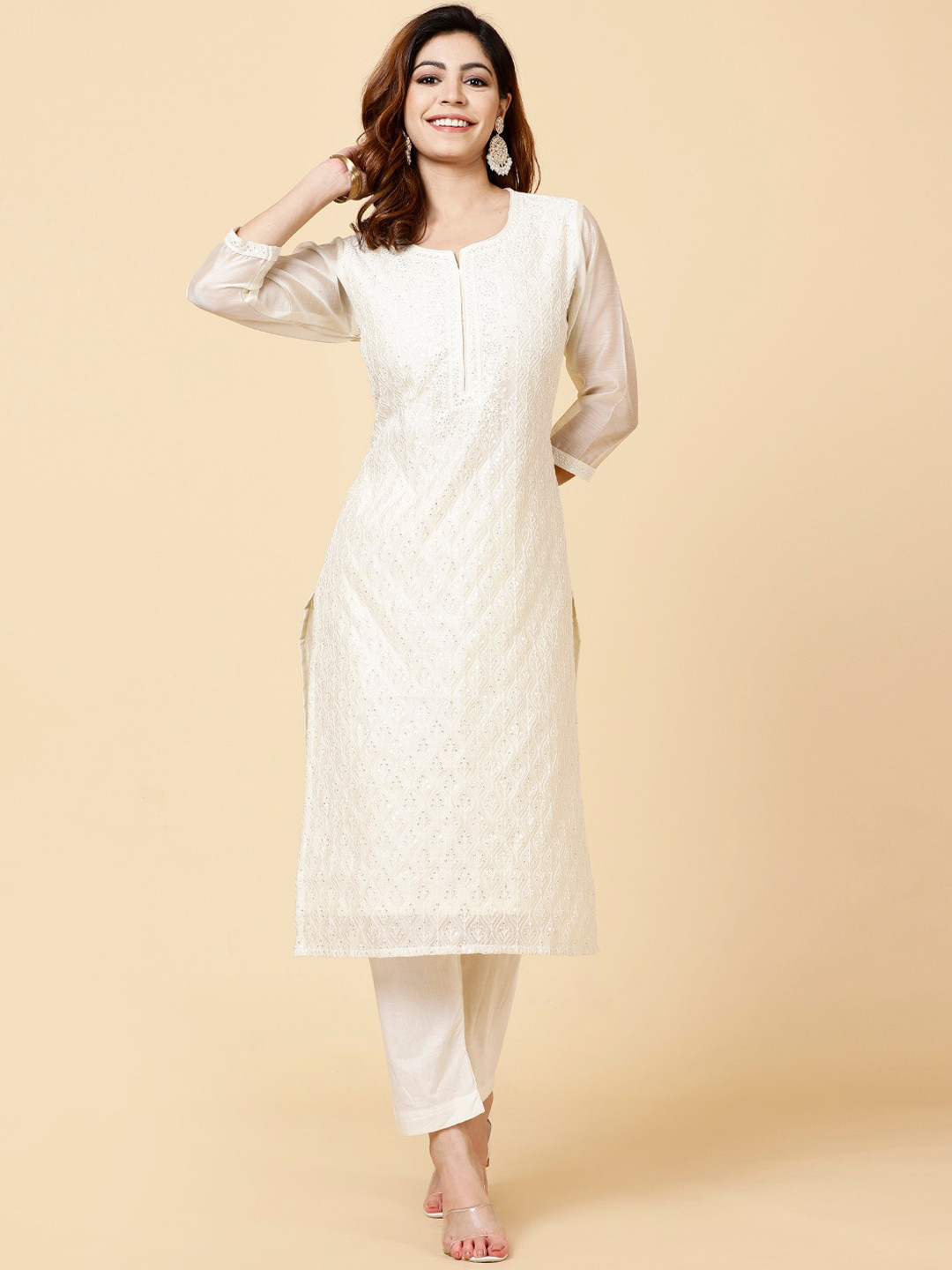 

Meena Bazaar Ethnic Motifs Embroidered Sequinned Detail Straight Kurta with Trousers, Off white