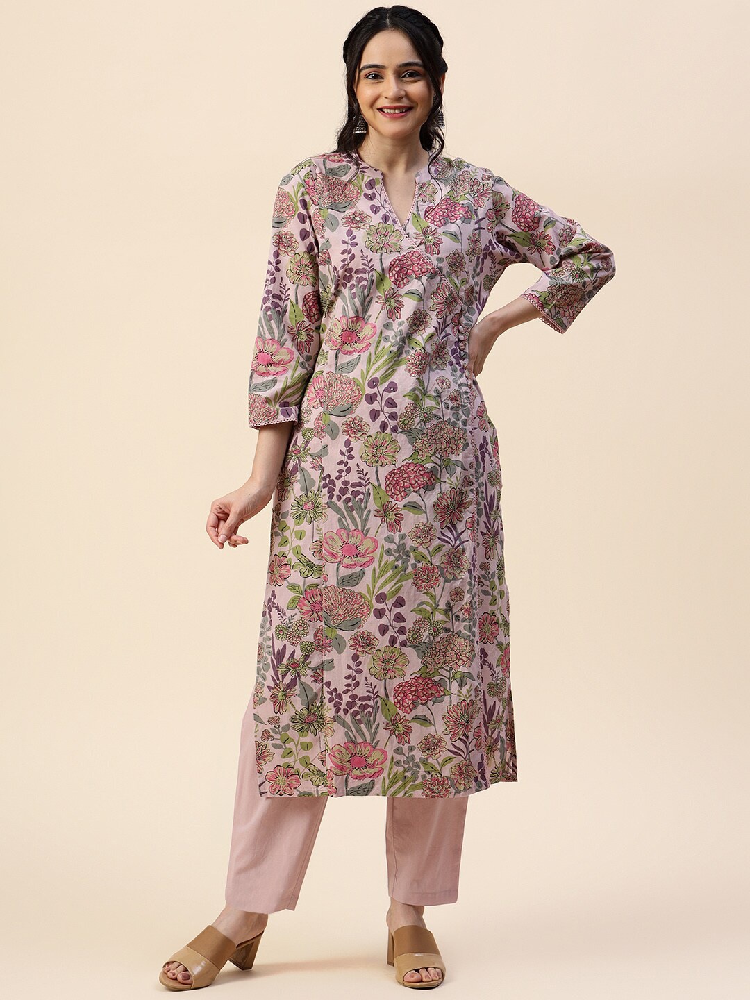 

Meena Bazaar Floral Printed Regular Kurta with Trousers, Mauve