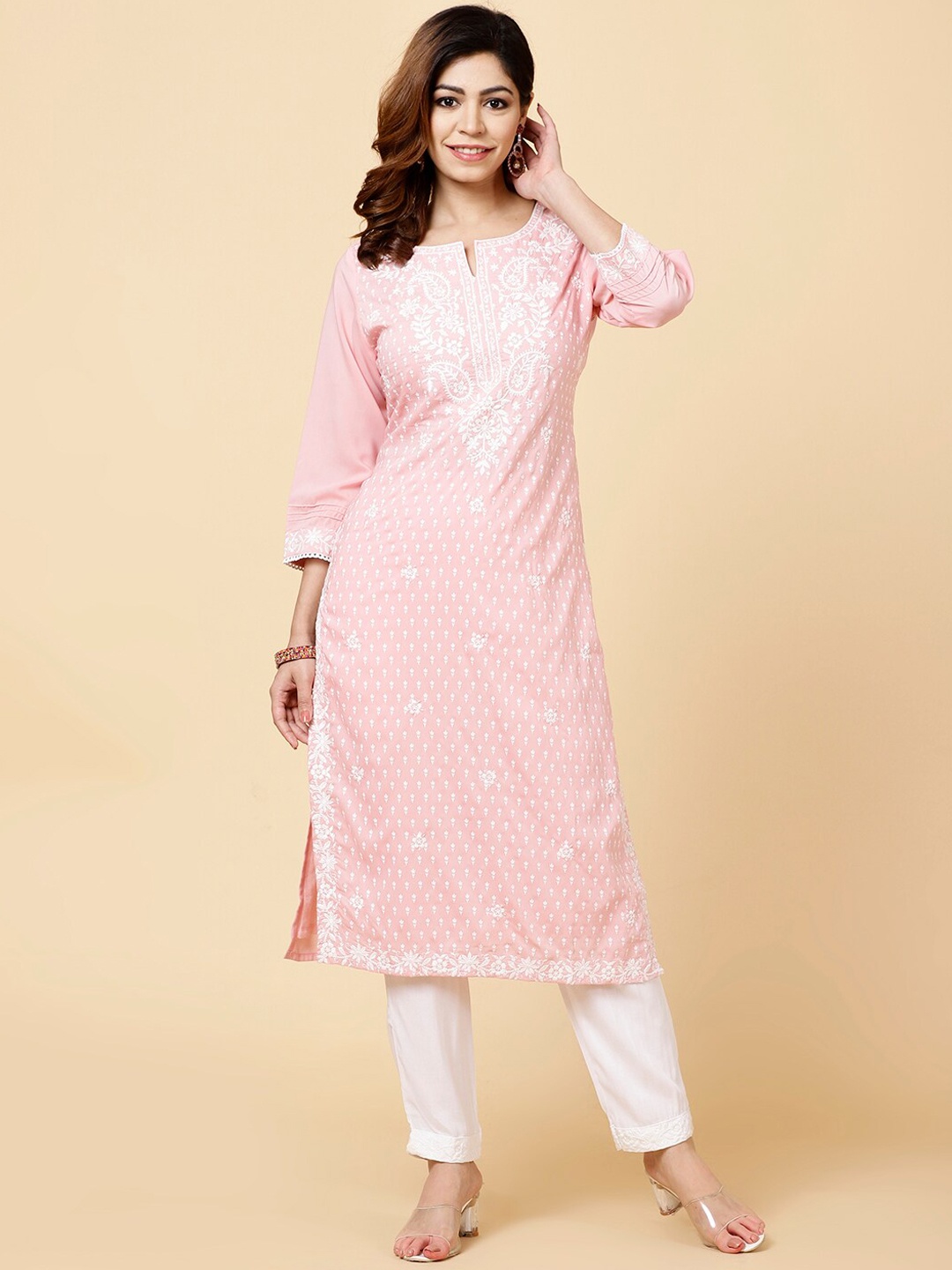 

Meena Bazaar Ethnic Motif Embroidered Regular Kurta With Trousers, Pink