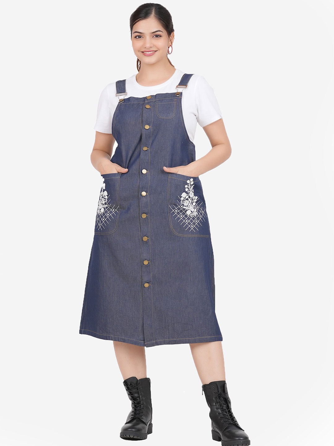 

SUMAVI-FASHION Floral Embroidered Pinafore Midi Dress, Blue