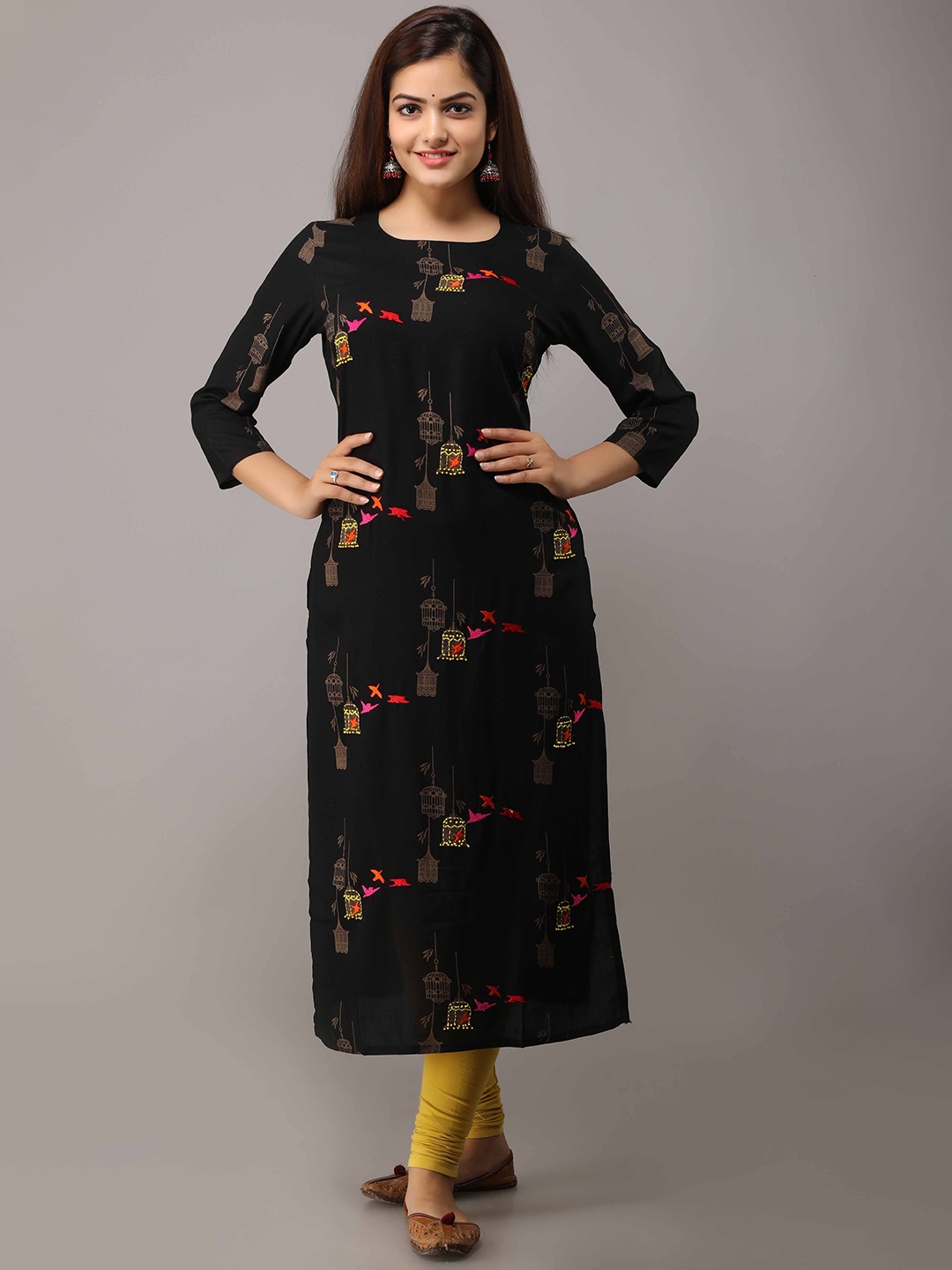 

KALINI Ethnic Motifs Printed Thread Work Straight Kurta, Black