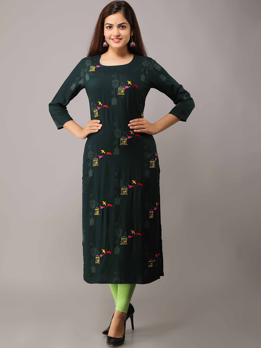 

KALINI Ethnic Motifs Printed Thread Work Straight Kurta, Green