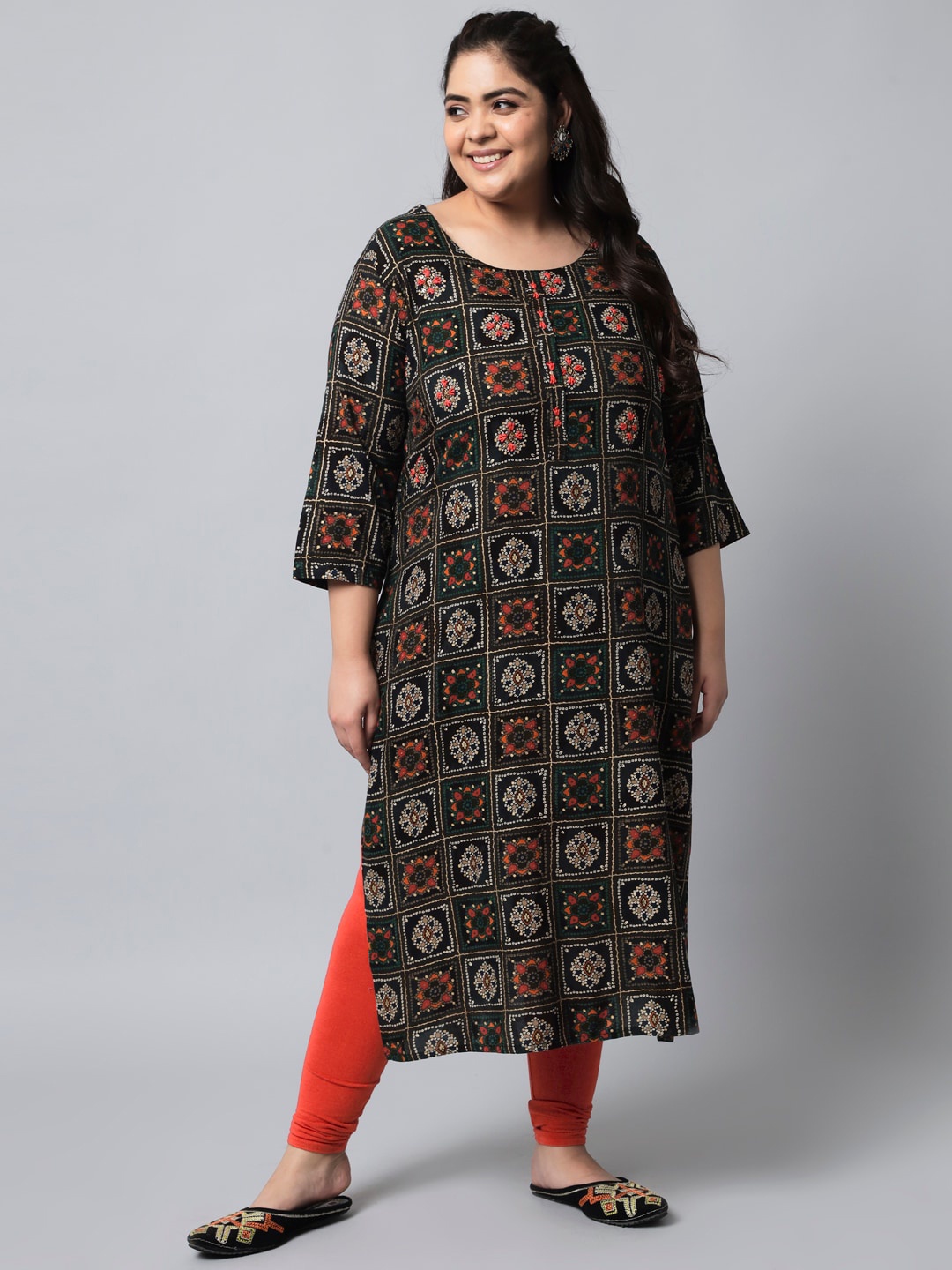 

KALINI Plus Size Ethnic Motifs Printed Thread Work Straight Kurta, Black