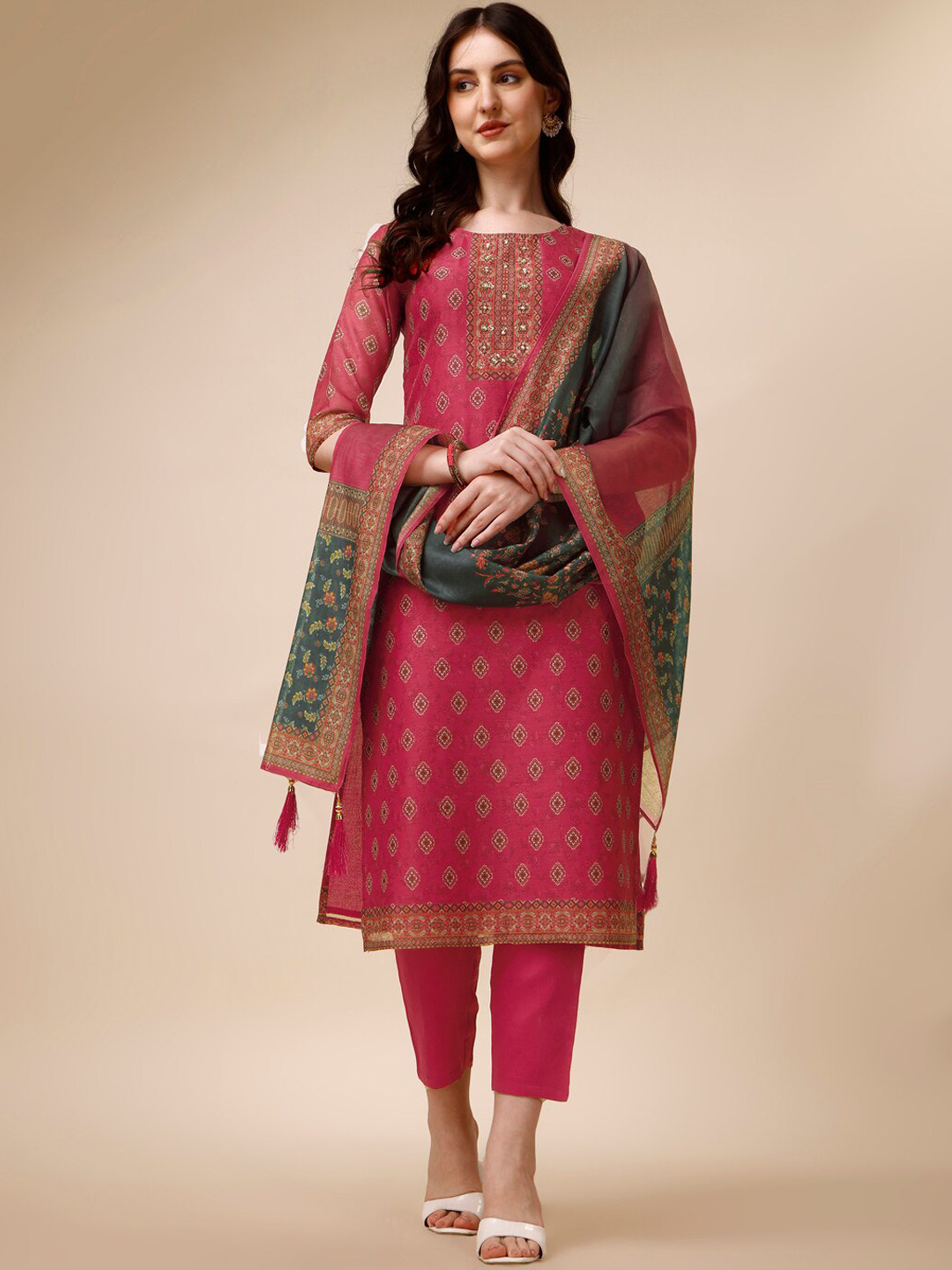 

Berrylicious Ethnic Printed Sequined Chanderi Cotton Kurta with Trousers & Dupatta, Fuchsia
