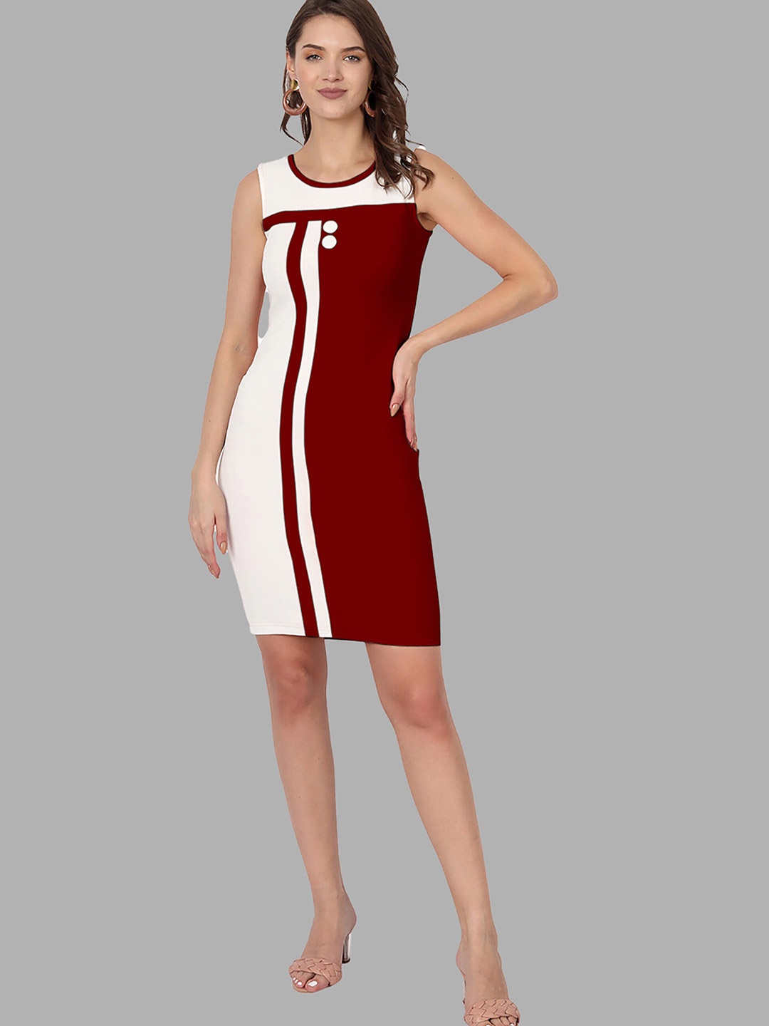 

LEE TEX Striped Round Neck Sleeveless Sheath Dress, Maroon