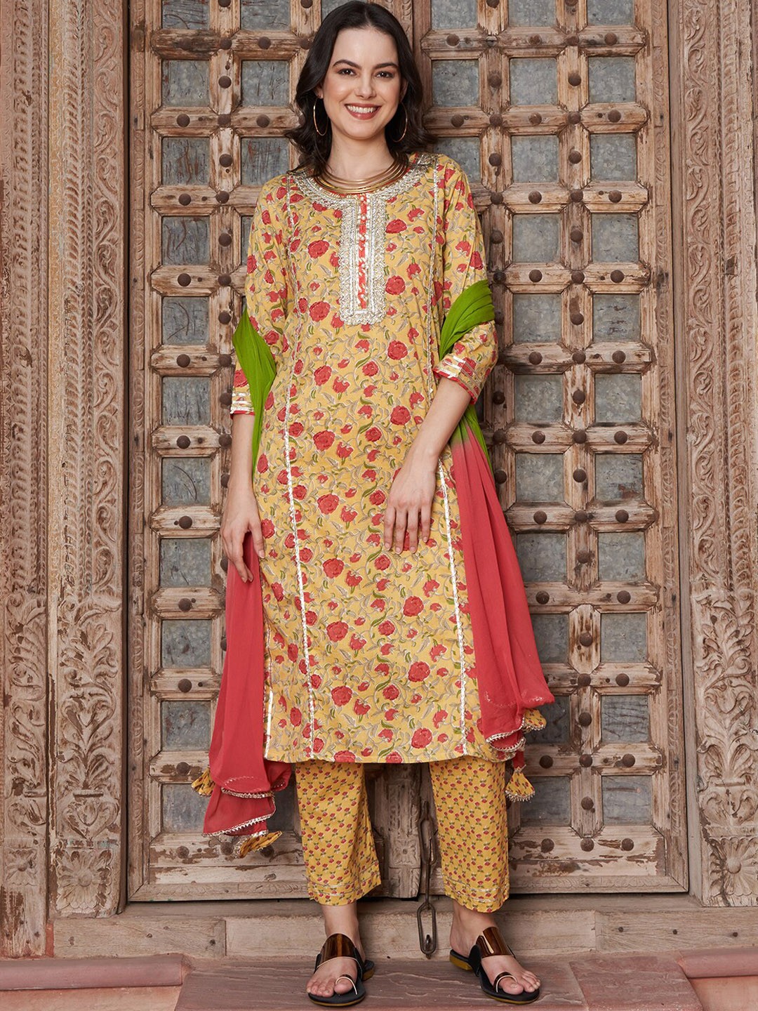 

Sangria Floral Printed Gotta Patti Pure Cotton Kurta with Trousers & Dupatta, Mustard
