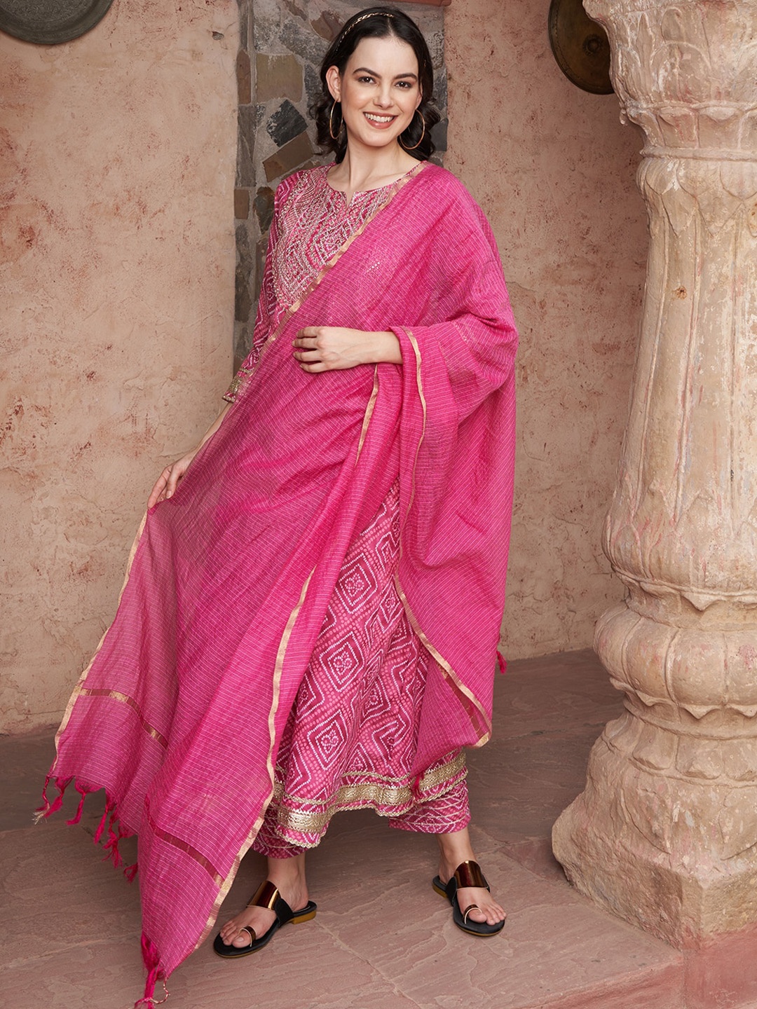 

Sangria Bandhani Printed Thread Work Pure Cotton A-Line Kurta with Trousers & Dupatta, Pink