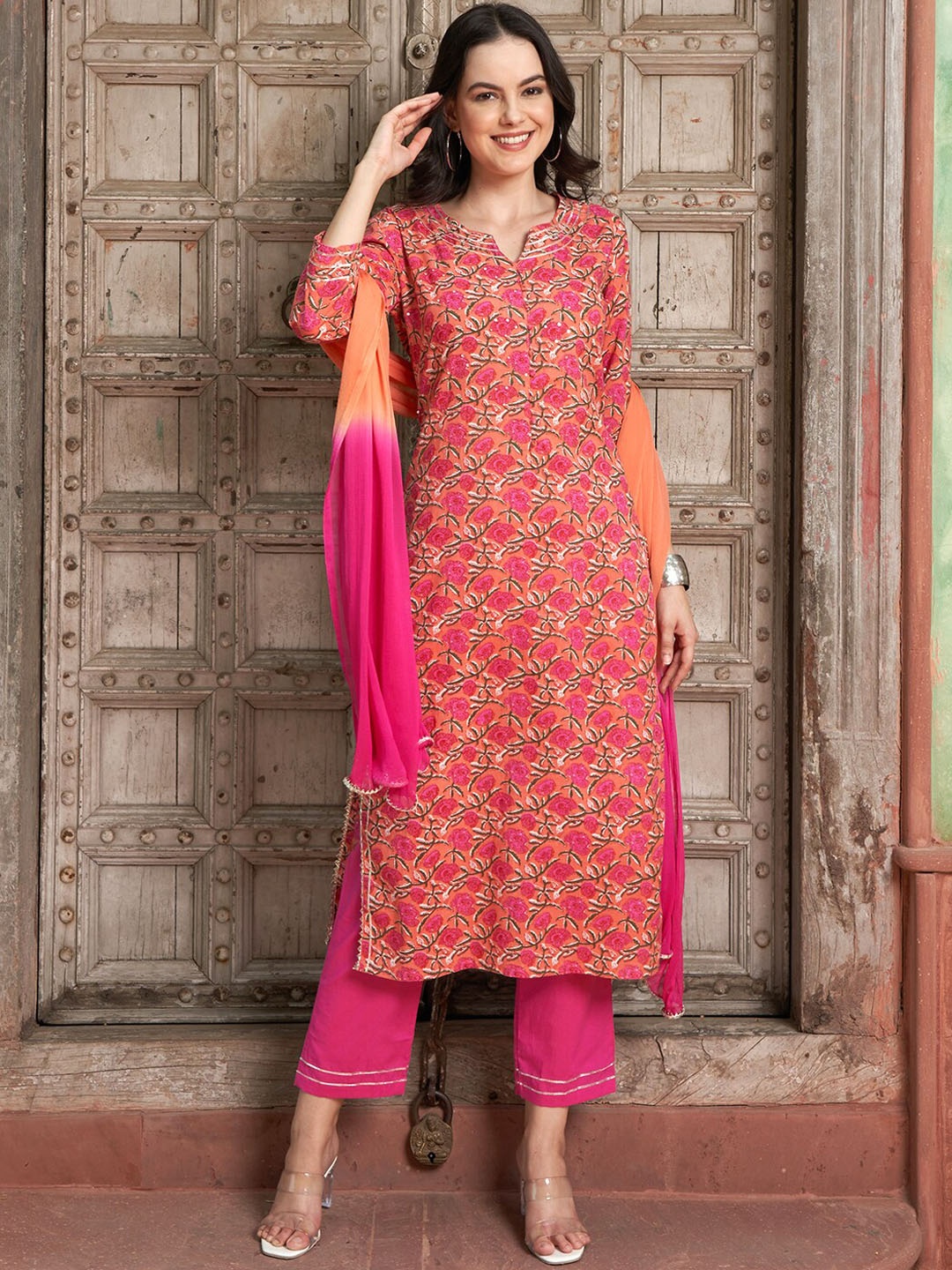 

Sangria Floral Printed Gotta Patti Pure Cotton Straight Kurta with Trousers & Dupatta, Orange