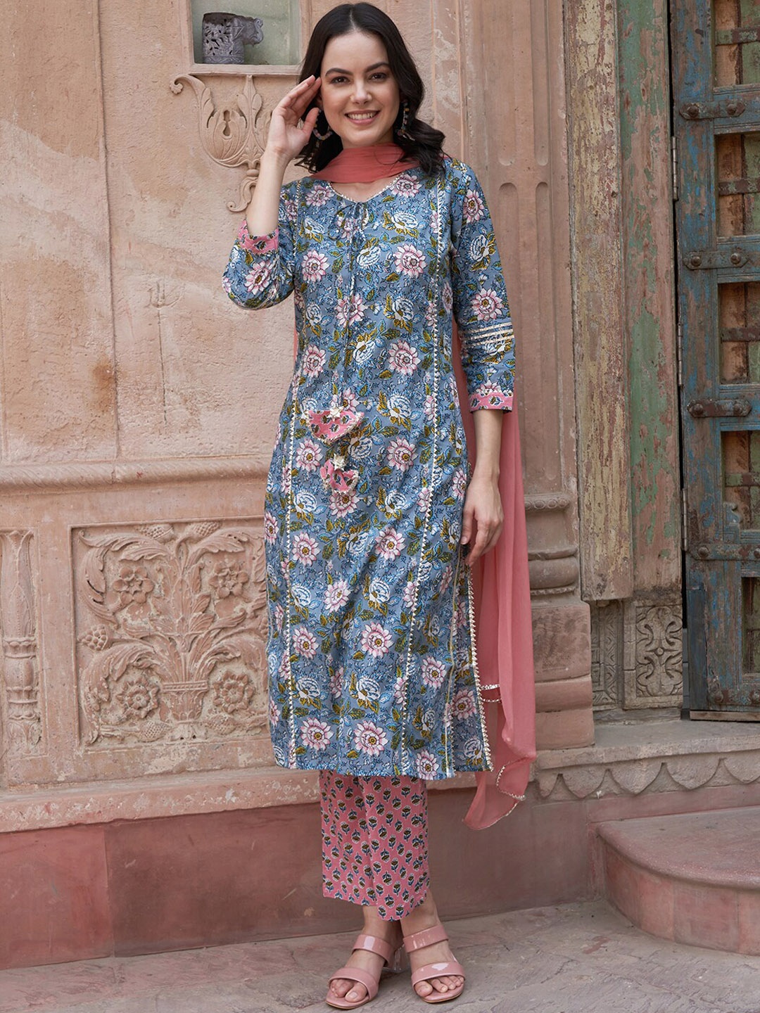 Sangria Blue Floral Printed Gotta Patti Pure Cotton Kurta with Trousers & Dupatta