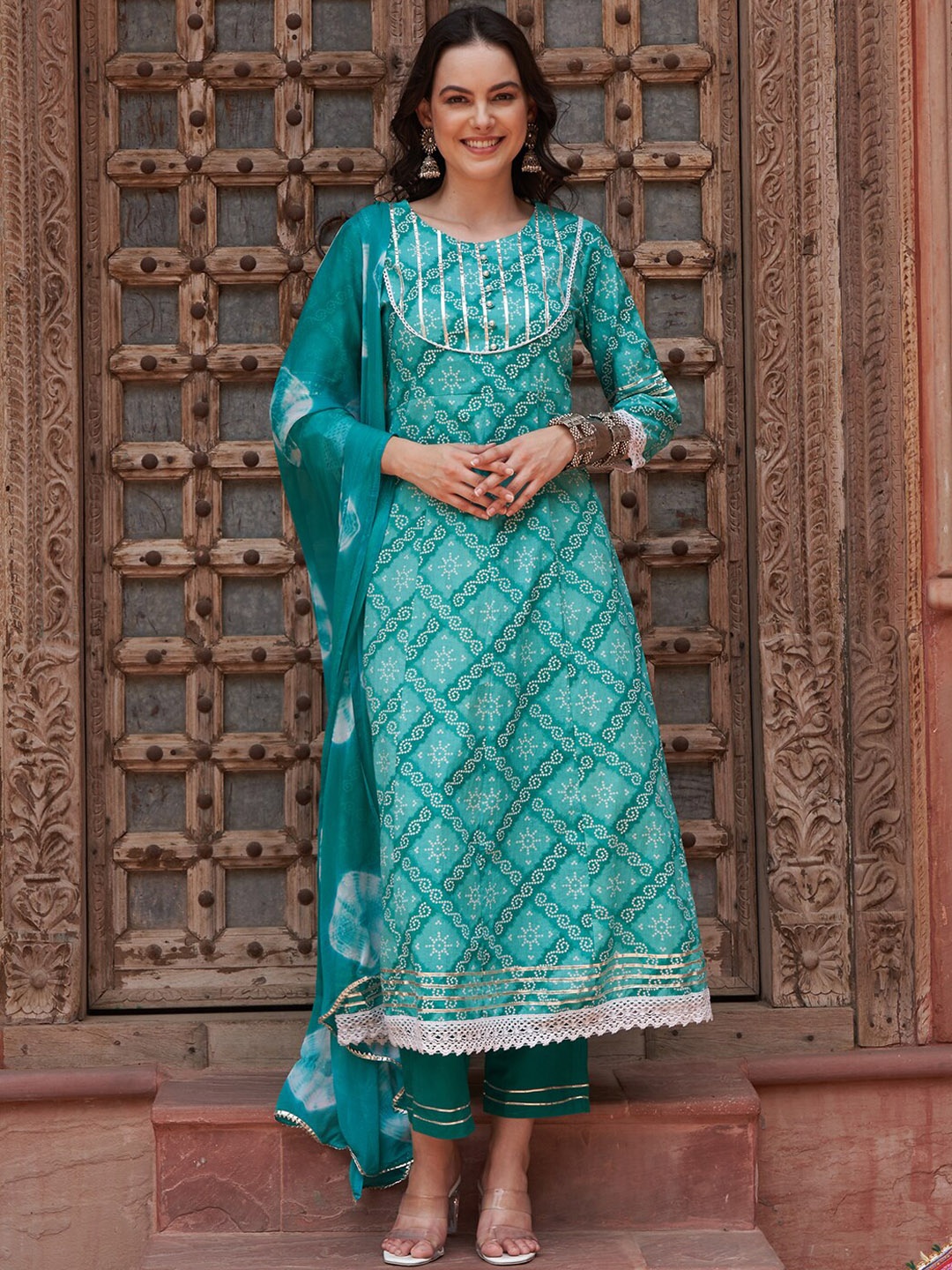 

Sangria Turquoise Blue Ethnic Motifs Printed Gotta Patti Pure Cotton Kurta Set