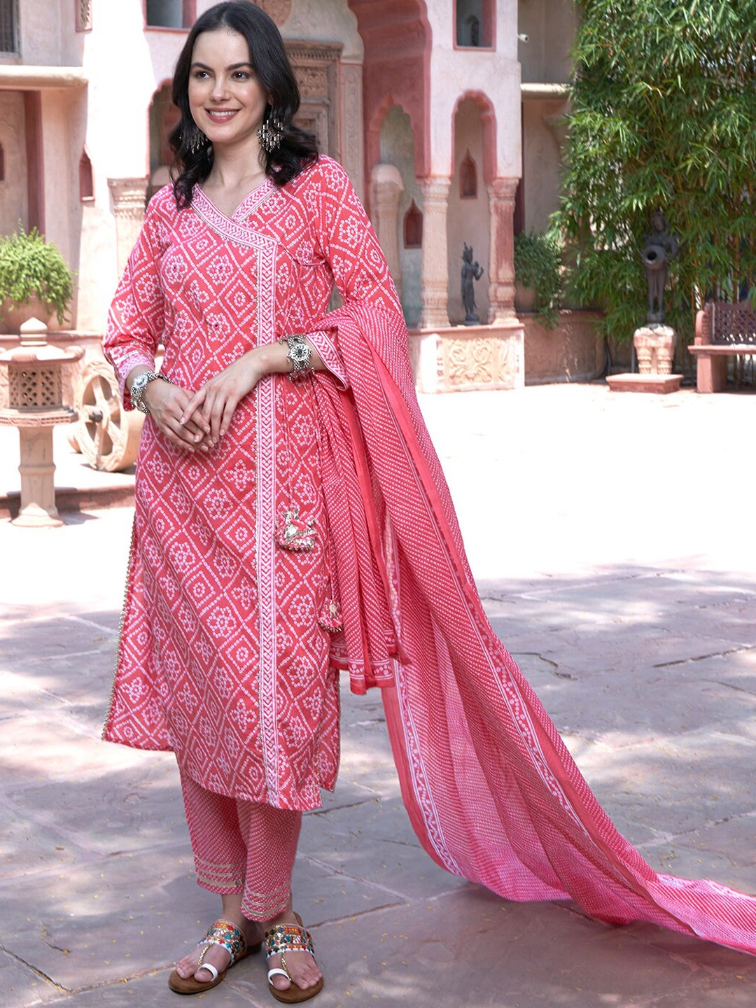 

Sangria Pink Bandhani Printed Pure Cotton Angrakha Kurta With Trousers & Dupatta