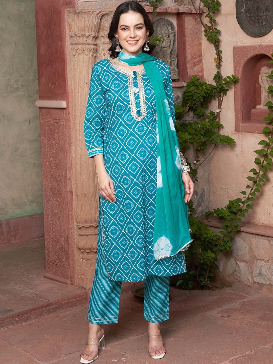

Sangria Printed Gotta Patti Detail Pure Cotton Kurta with Trousers & With Dupatta, Blue